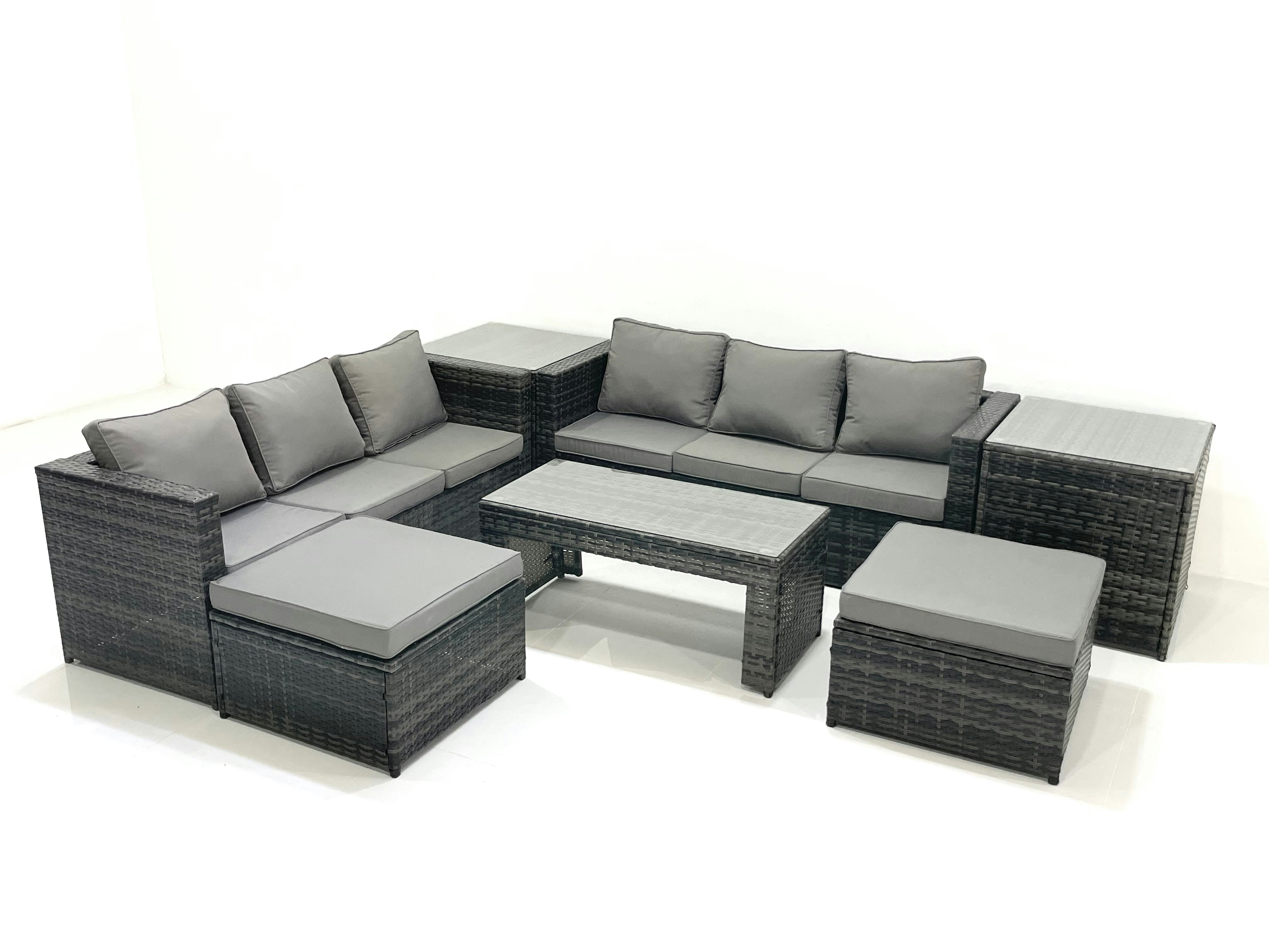 Fimous Dark/Grey Garden Outdoor Rattan Furniture Set With Sofa Coffee Table 2 Big Footstools 2 Side Tables Mixed