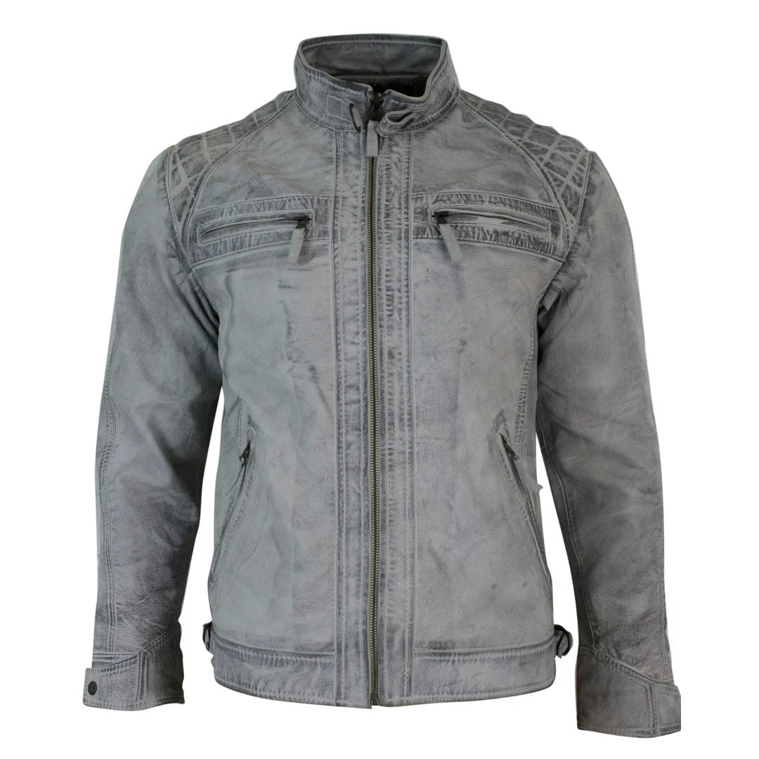 Aviatrix Men's White Zipped Short Biker Leather Jacket - 5XL - Model 1