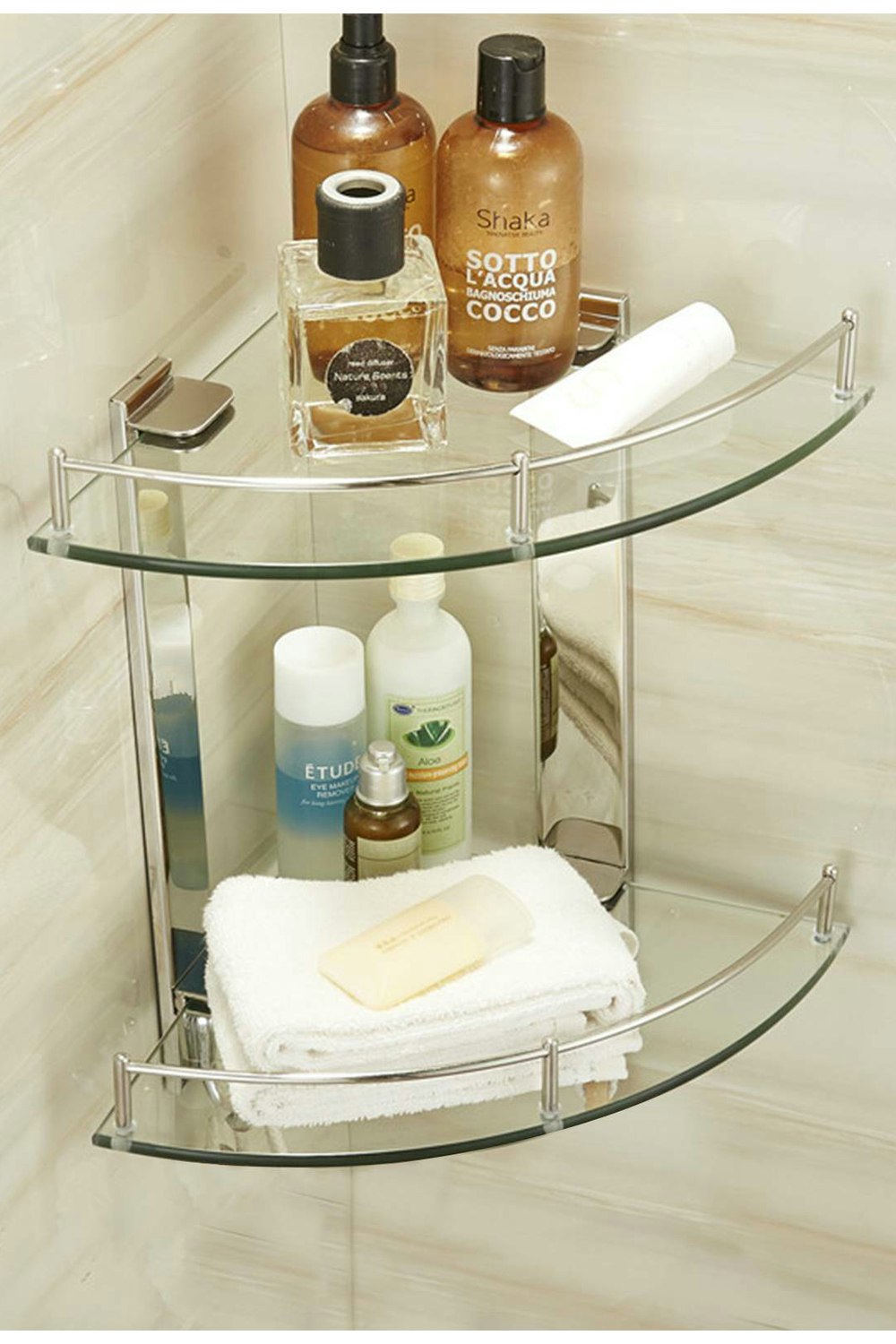 Rackhams Silver 2-Tier Tempered Glass Corner Shelf Bathroom Wall Mounted