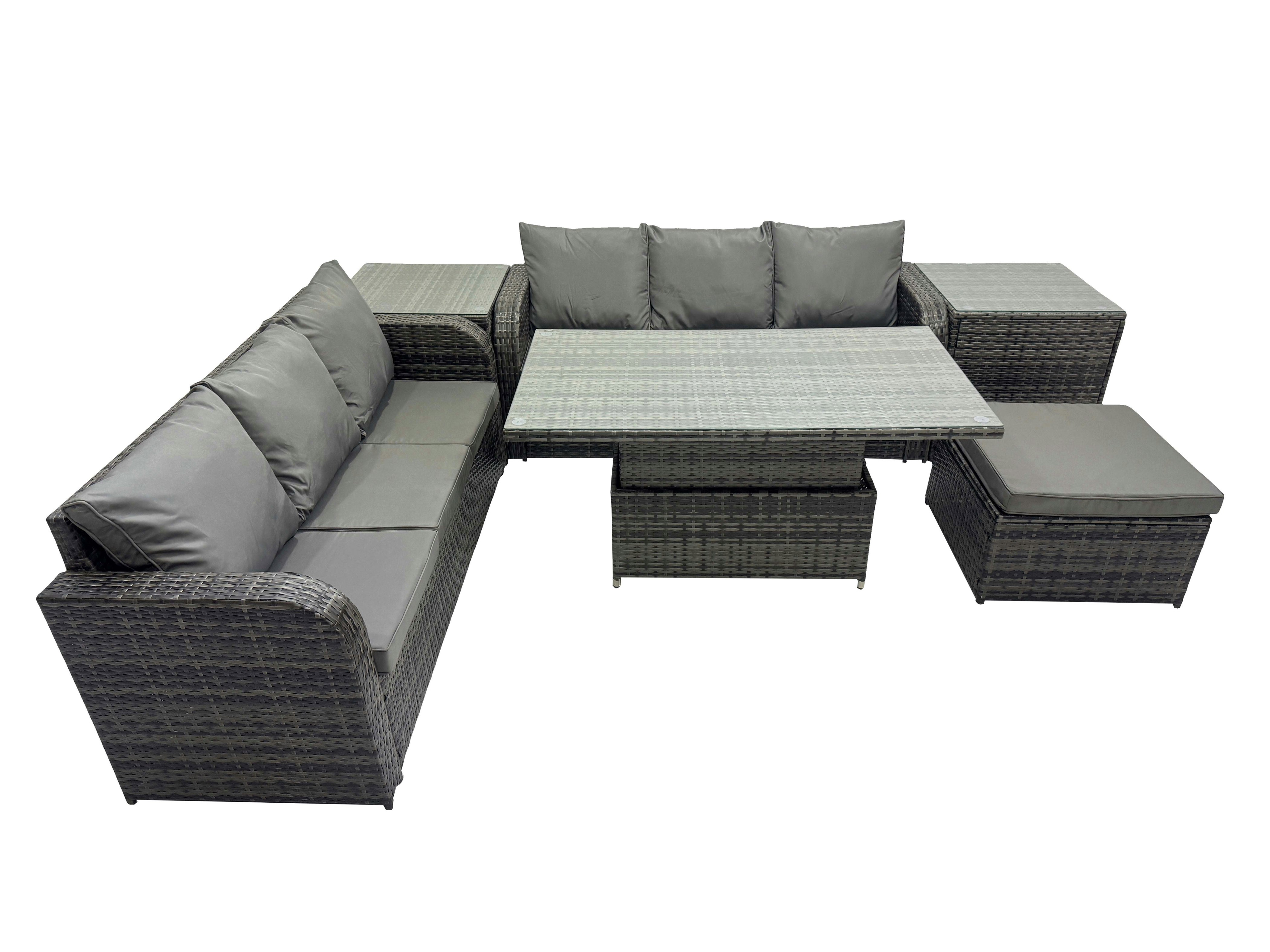 Fimous Dark/Grey Rattan Garden Furniture Dining Set 7 Seater Patio Height Adjustable Rising Lifting Table Sofa Set With 2 Side Table Mixed