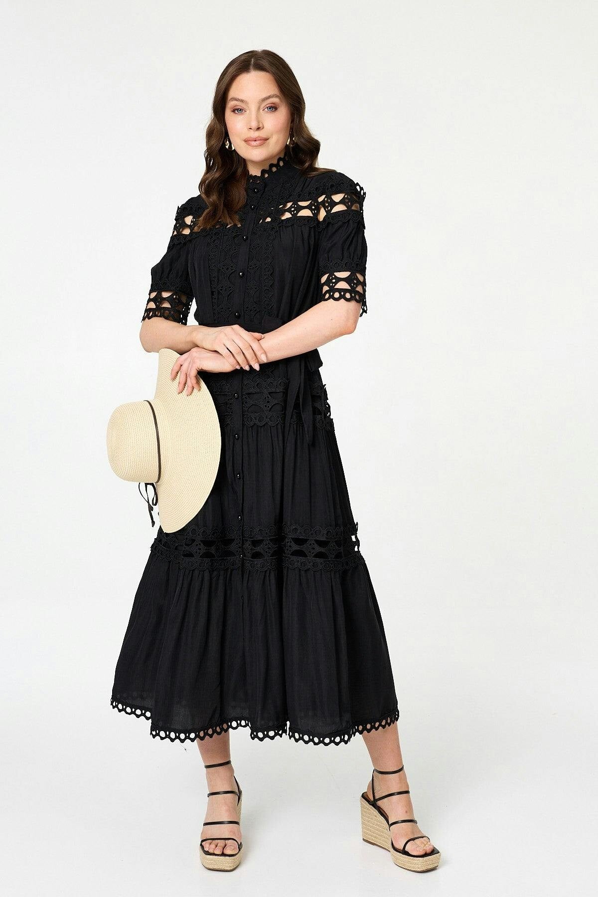 Izabel London Black Lace Cut Out Detail Tie Waist Midi Dress - 16