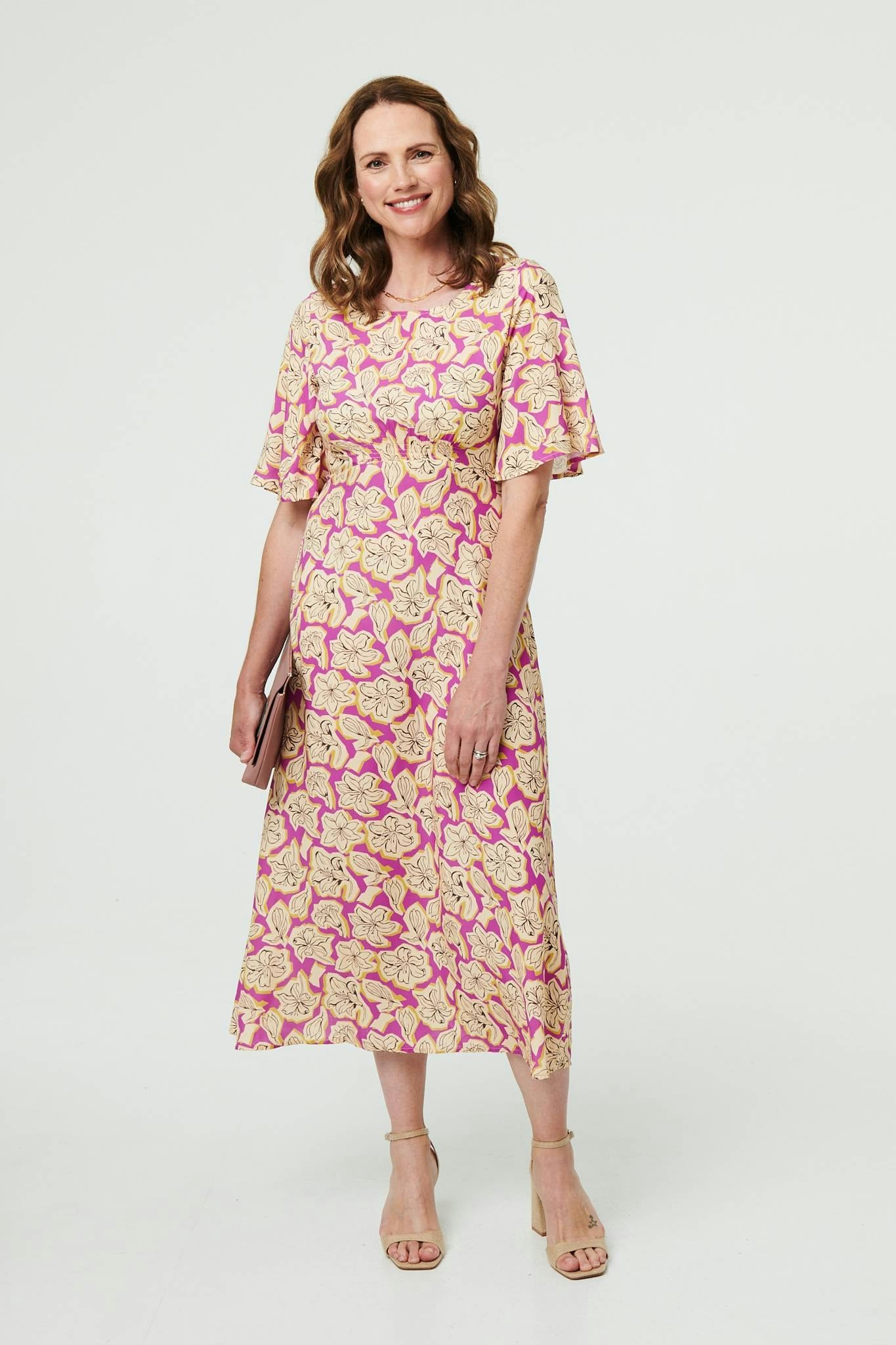 Izabel London Purple Floral 1/2 Flare Sleeve Midi Dress - 8