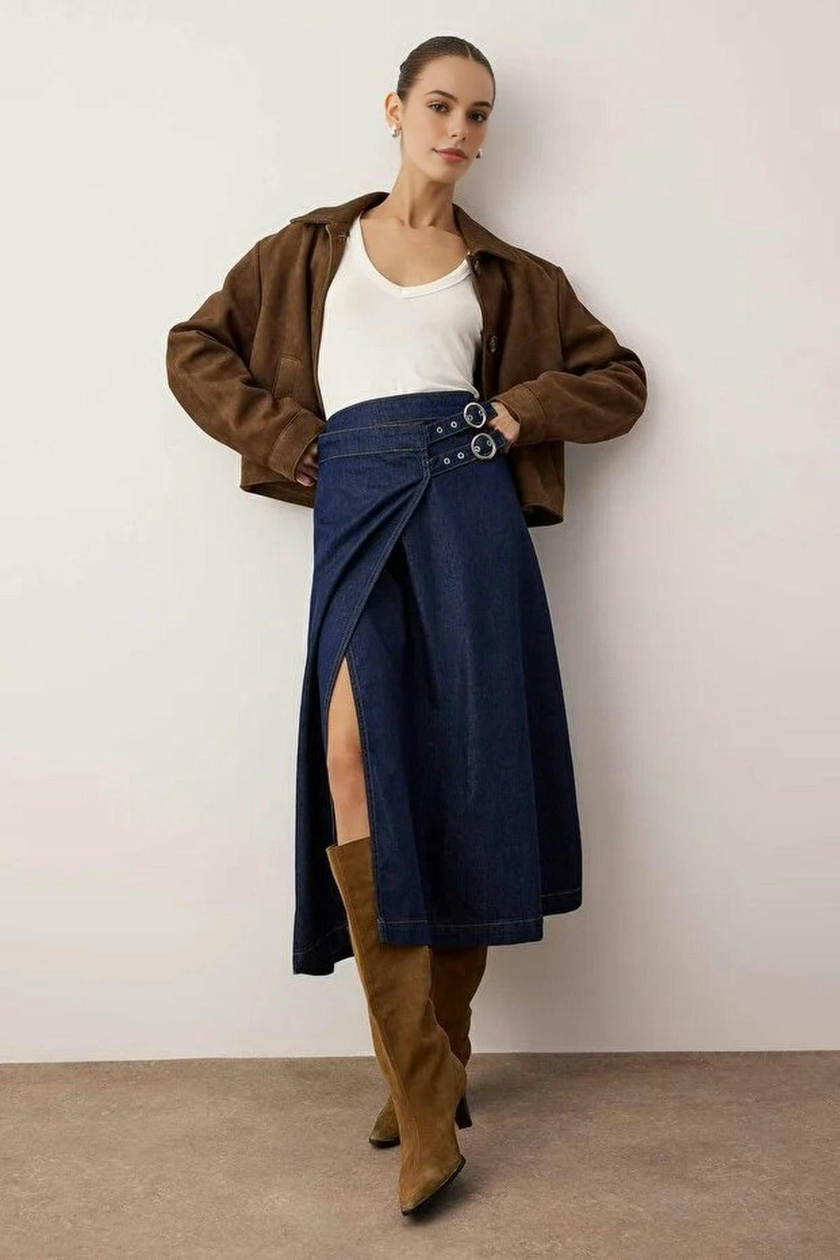 Wovcor Dark/Blue Double-Breasted Midi Denim Skirt With Belt Detail - 6