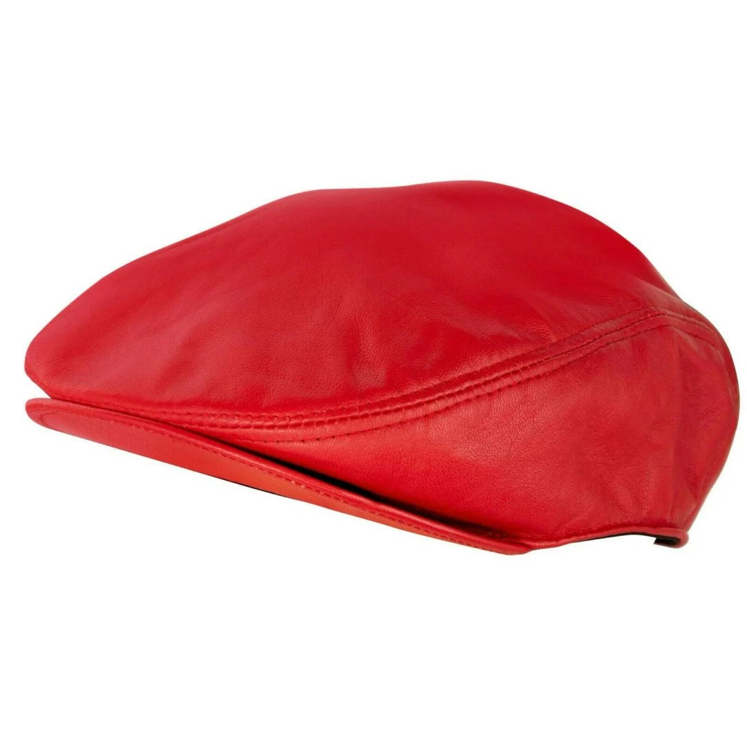 Infinity Leather Men's Red Real Leather Ivy Newsboy Peaked Flat Cap - 57
