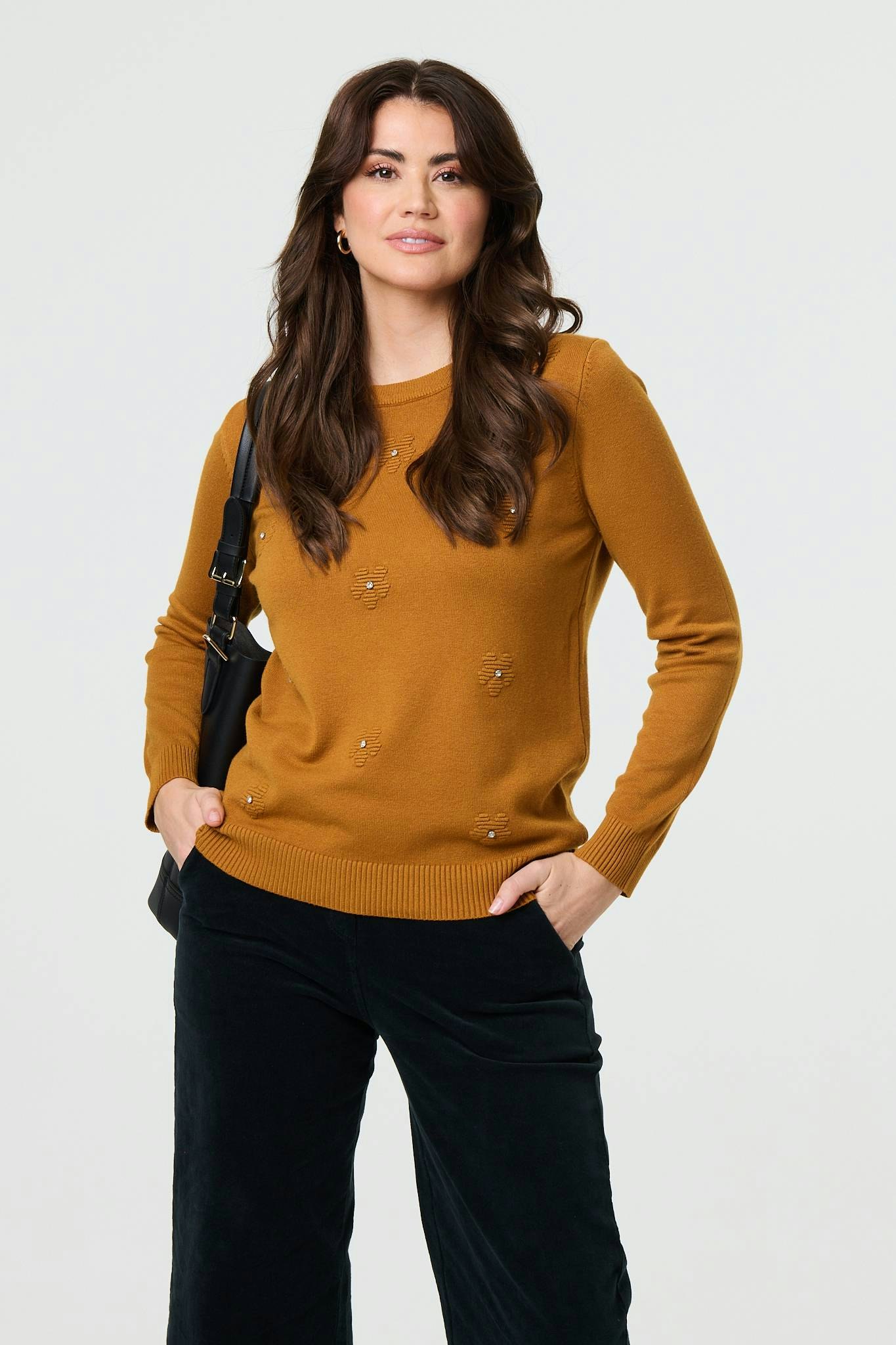 Izabel London Floral Gemstone Embellished Jumper - Mustard - 18