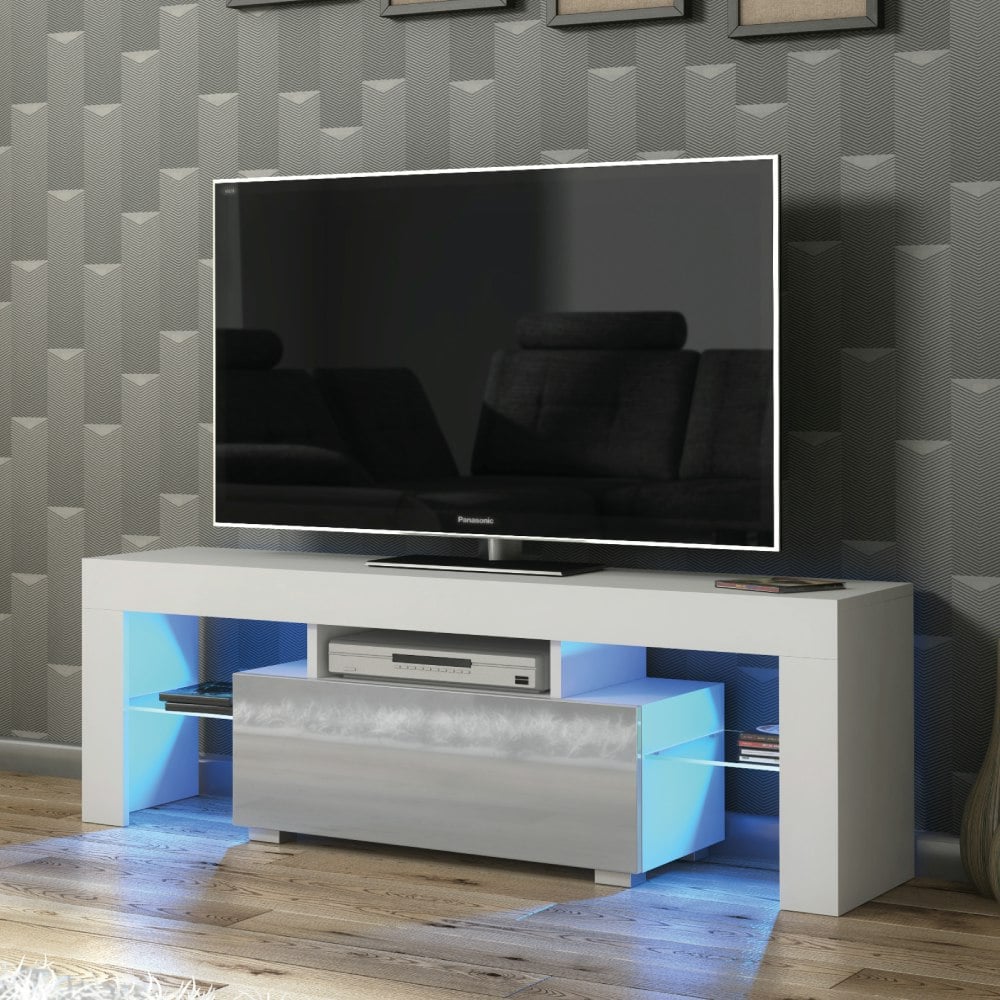 Rackhams Grey/White 130Cm Tv Unit Cabinet With High Gloss Doors, Free Led And Storage - 130 Cm - Mdf/Chipboard - Matt Body & Gloss Doors