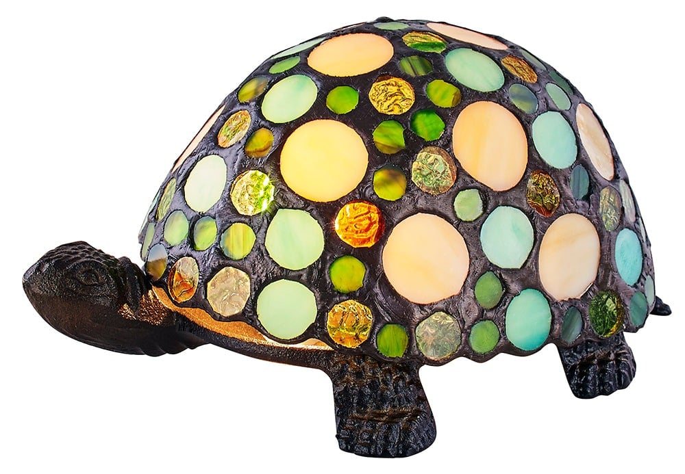 Rackhams Green/Amber/Bronze Handmade And Pebble Glass Tortoise Tiffany Lamp With Base