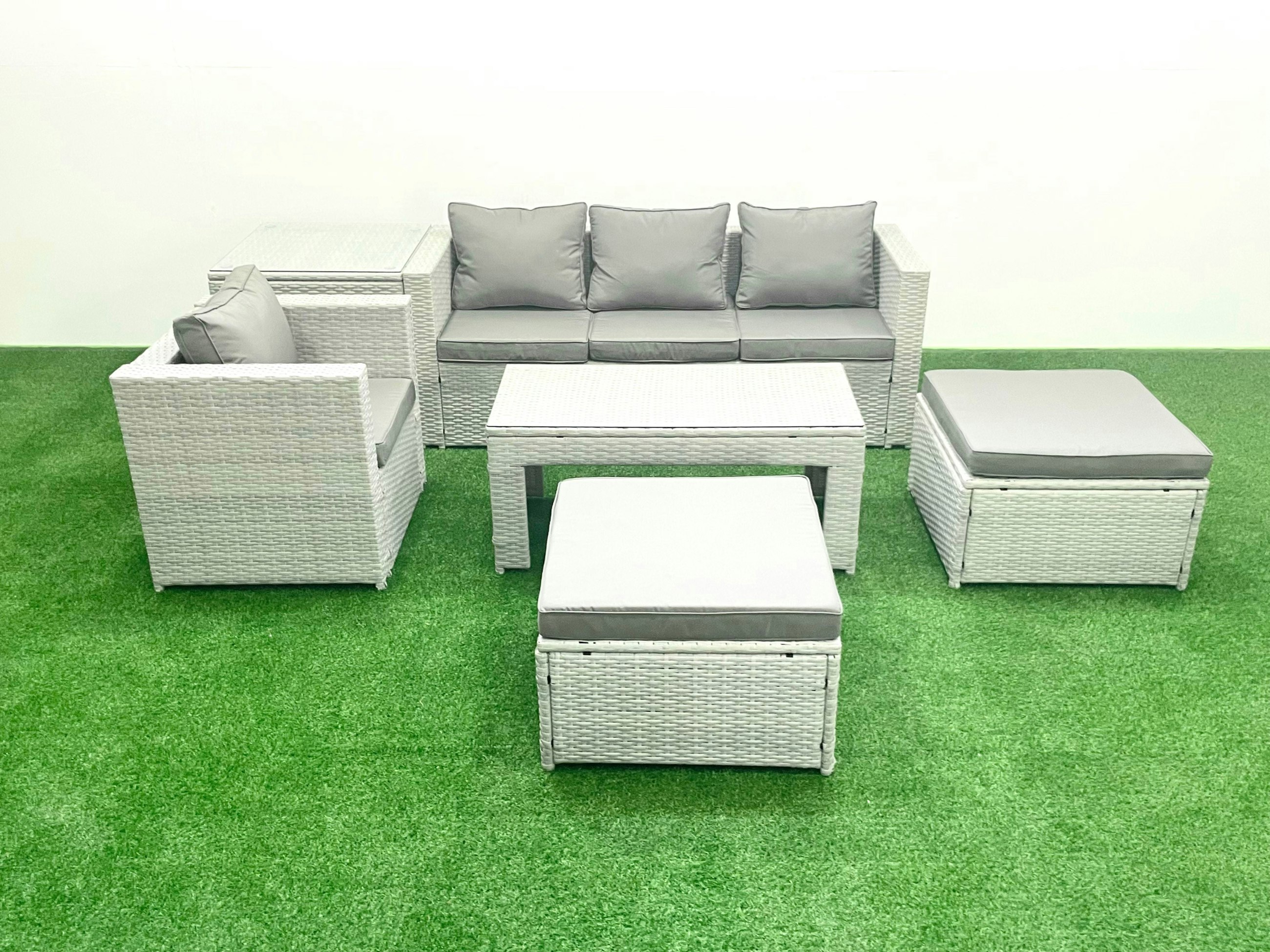 Fimous Grey Outdoor Rattan Garden Furniture Set With Cushions Luxury 6 Seater With 2 Big Footstools And Coffee Table,Side Table For Conservatory,Patio