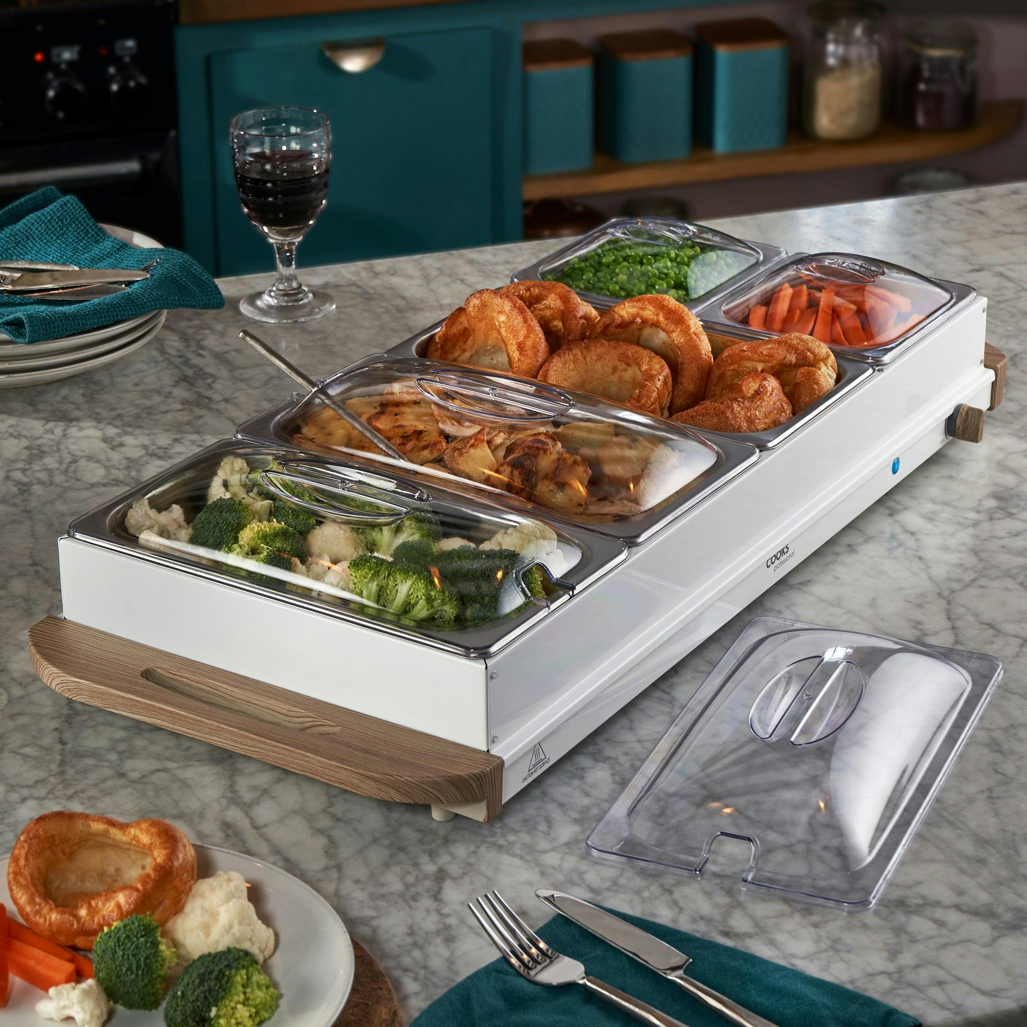 B&Q - 5-Section Buffet Warmer 9.6L With Hotplate Function & Adjustable TempElectric Food Serving TrayWhite - Image 2
