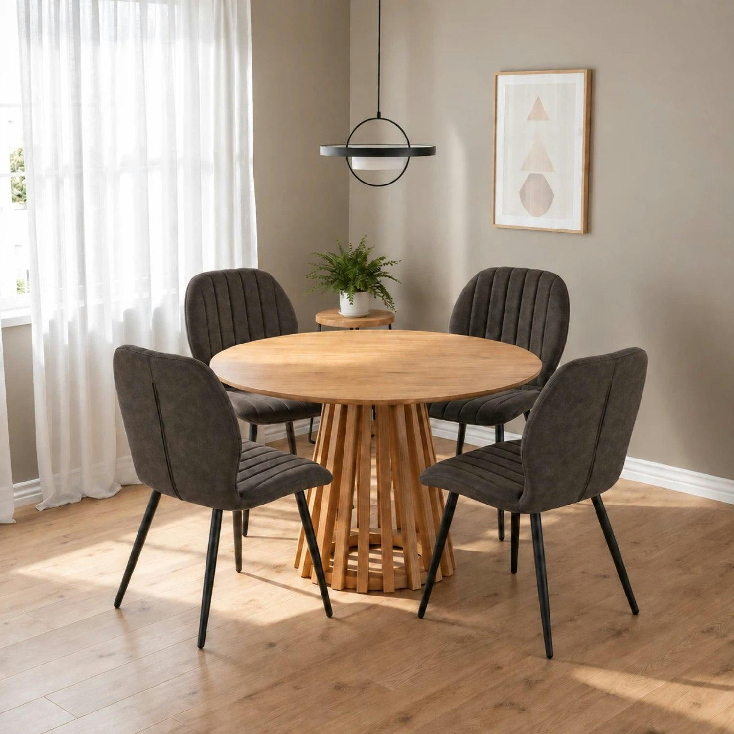 Rackhams Grey Kayci Round Oak Dining Table With 4 Jaydn Chairs