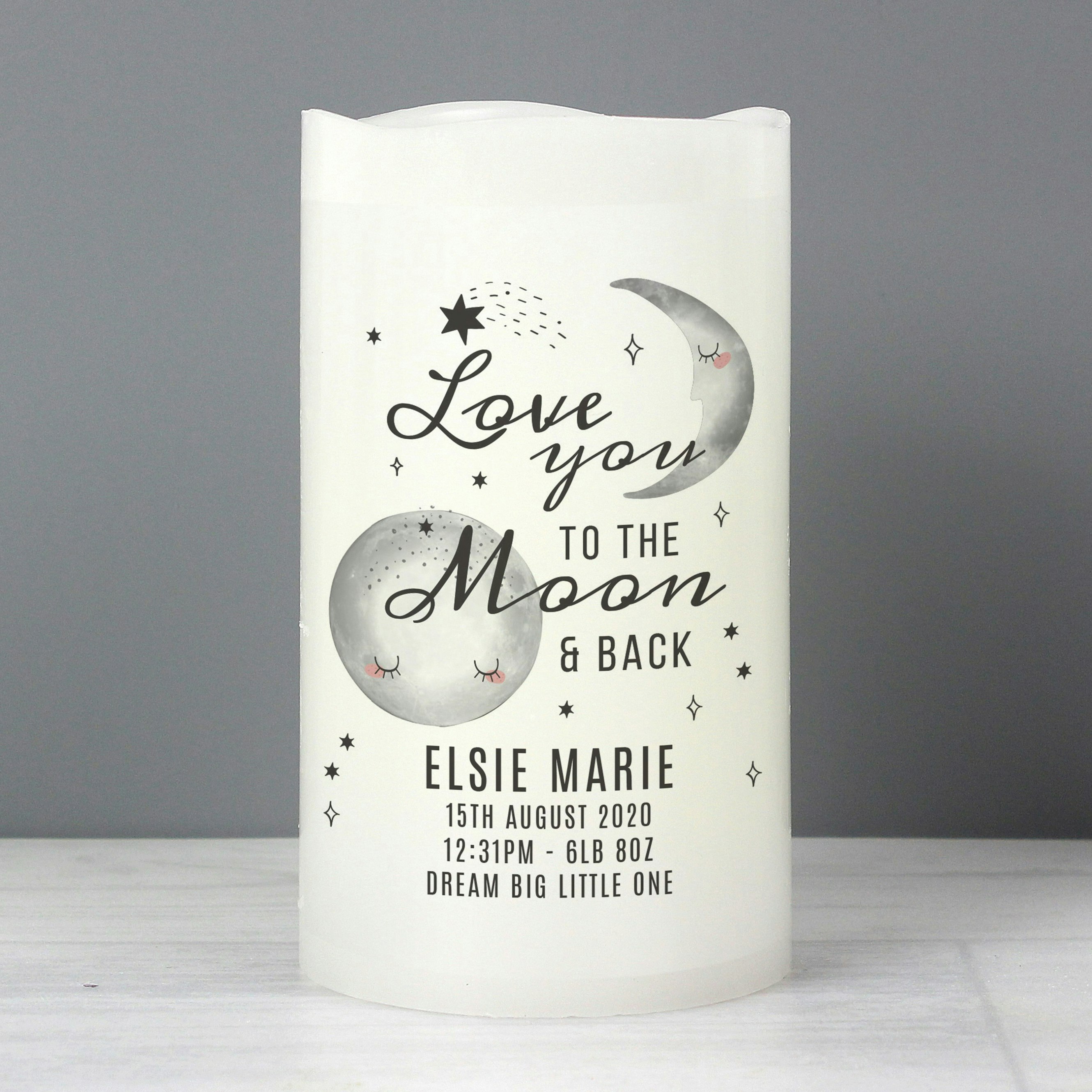 Rackhams Light Personalised Baby To The Moon And Back Led Candle