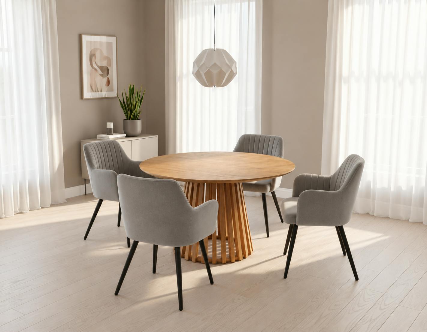 Outdoor Living Gray Kayci Round Oak Dining Table With 4 Charlotte Velvet Chairs