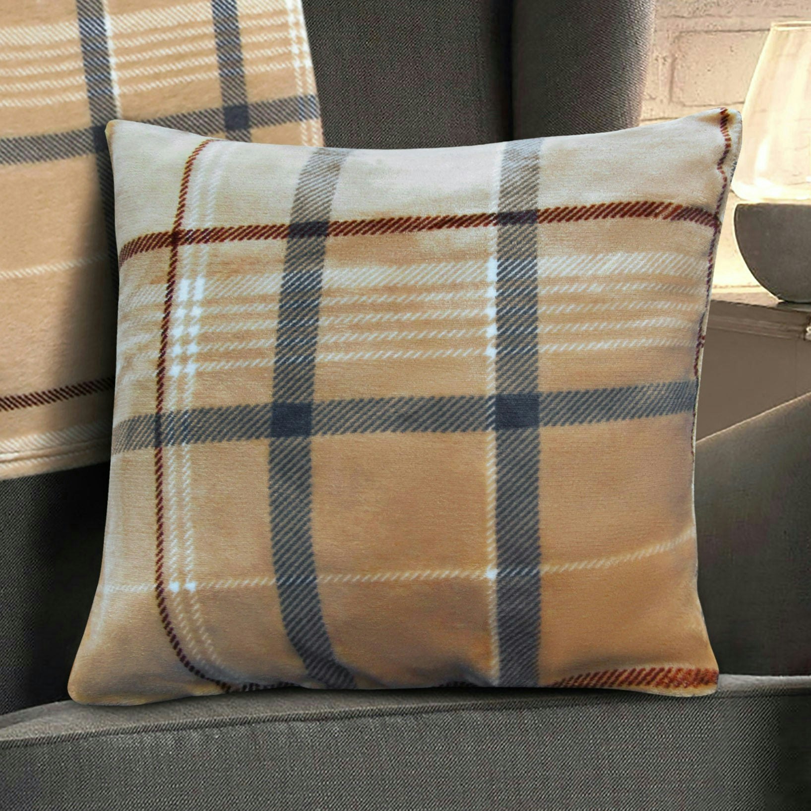 Rackhams Soft Mink Check Print Cushion - 43Cm X 43Cm - Natural