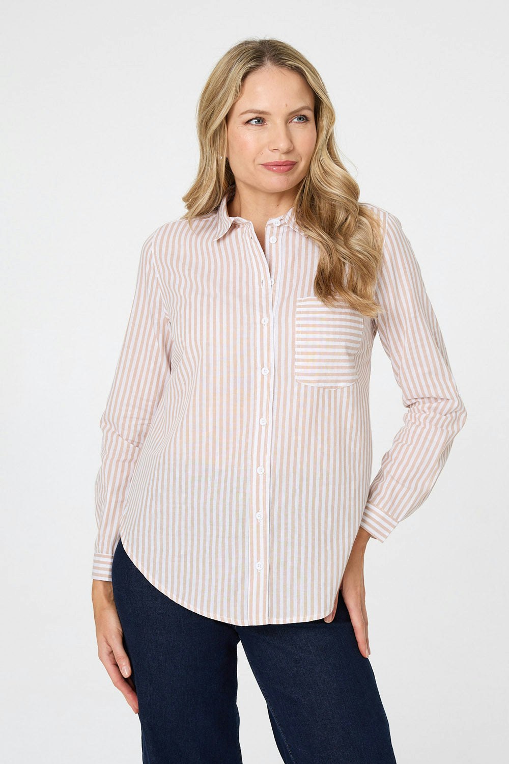 Izabel London Women's Beige Striped Long Sleeve Shirt - 14
