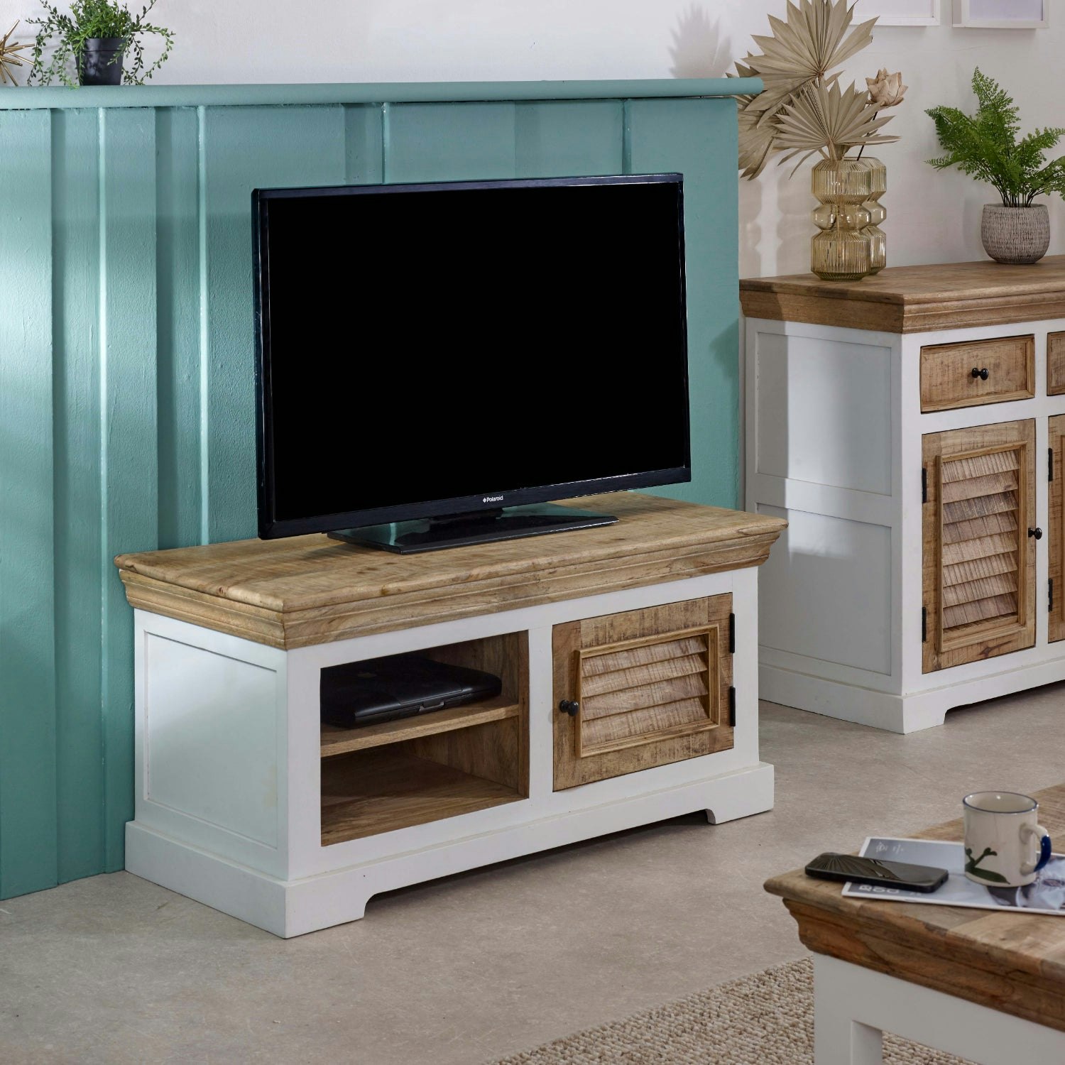 Ih Design White Milano Solid Mango Wood Small Tv Cabinet - 110 Cm - 50 Cm - Wood
