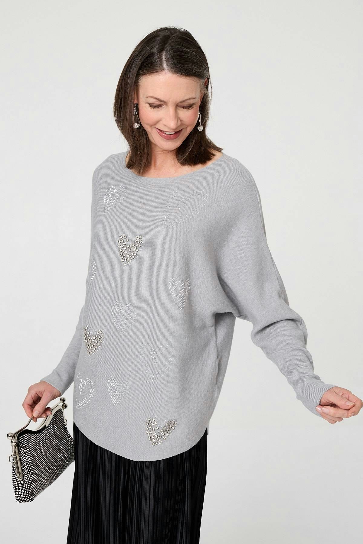 Izabel London Grey Sparkly Heart Print Long Sleeve Jumper - M/L