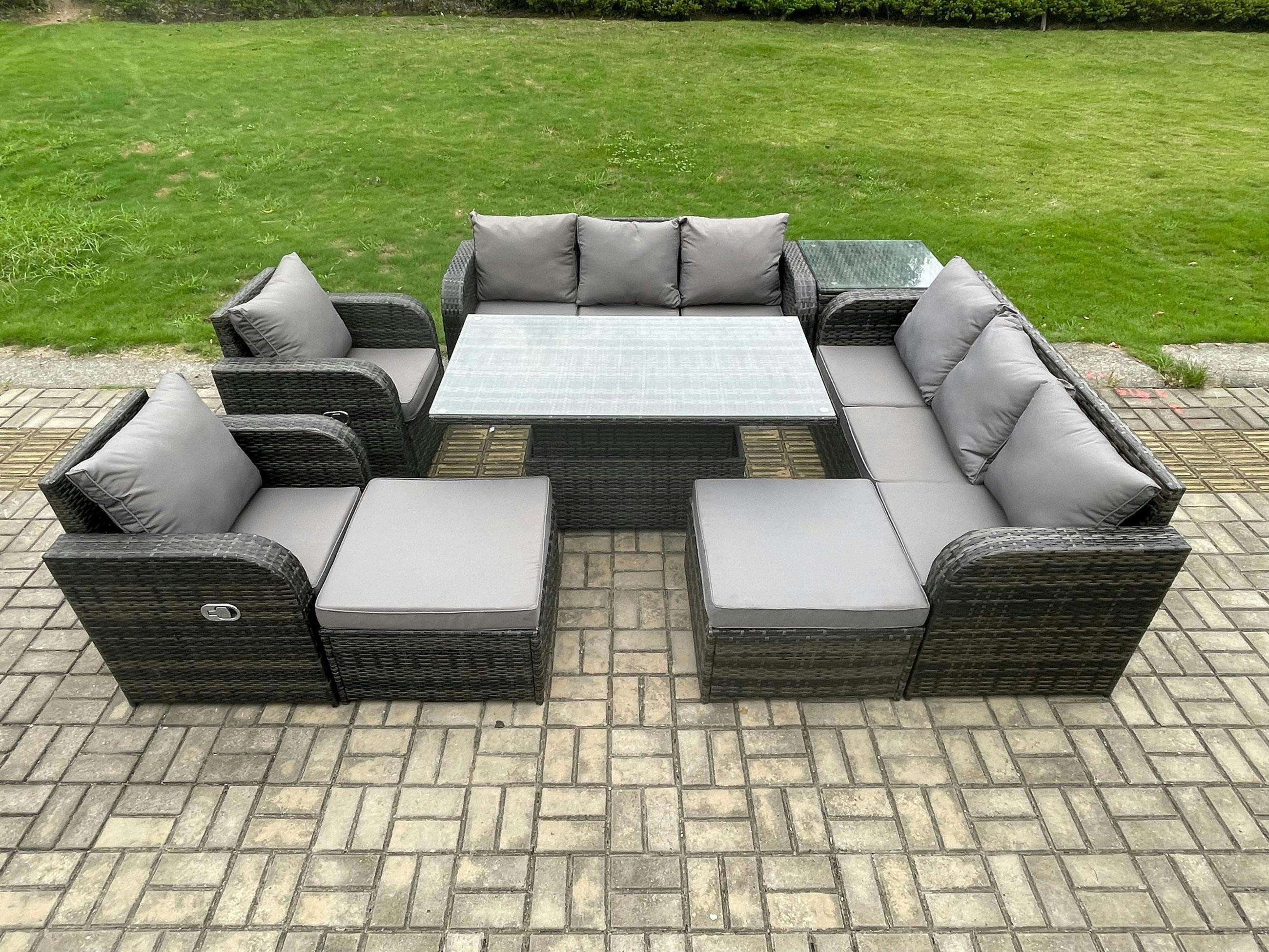 Fimous Grey Rattan Garden Furniture Patio Set With Adjustable Height Dining Table, 2 Reclining Chairs, 2 Sofas, 1 Side Table, 2 Footstools
