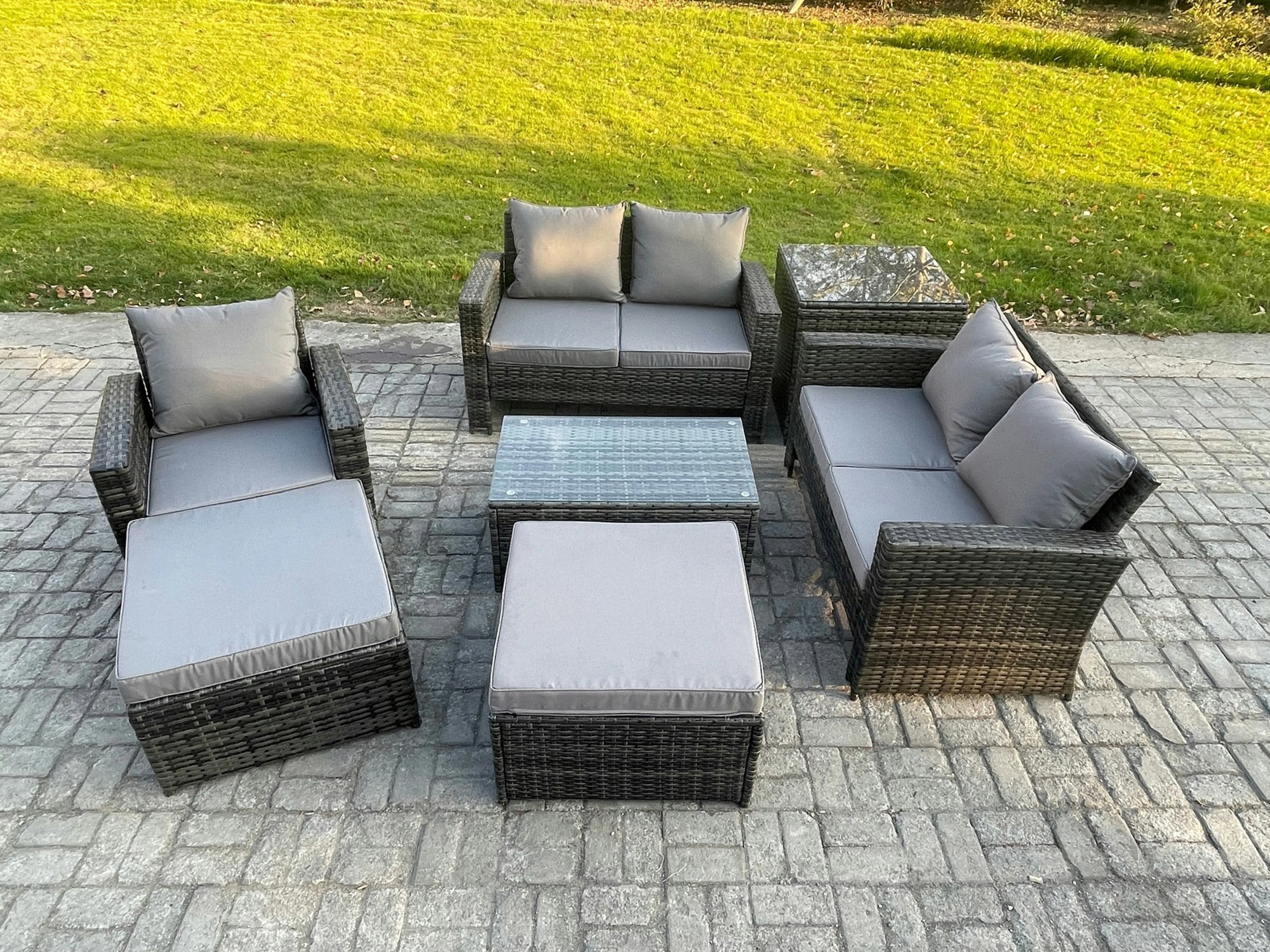 Rackhams Dark/Grey 7-Seater Rattan Garden Lounge Set - Mixed Patio Outdoor Sofa & Chair Set With Rectangular Coffee Table & 2 Big Footstools