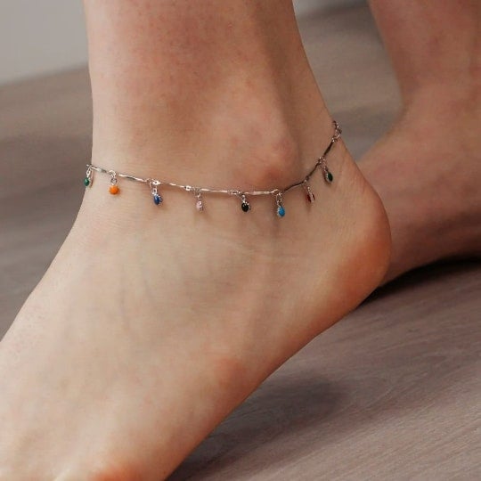 The Colourful Aura Women's Silver Colourful Mama Boho Charm Dangle Dainty Rainbow Anklet | Size: 8 - Image 6