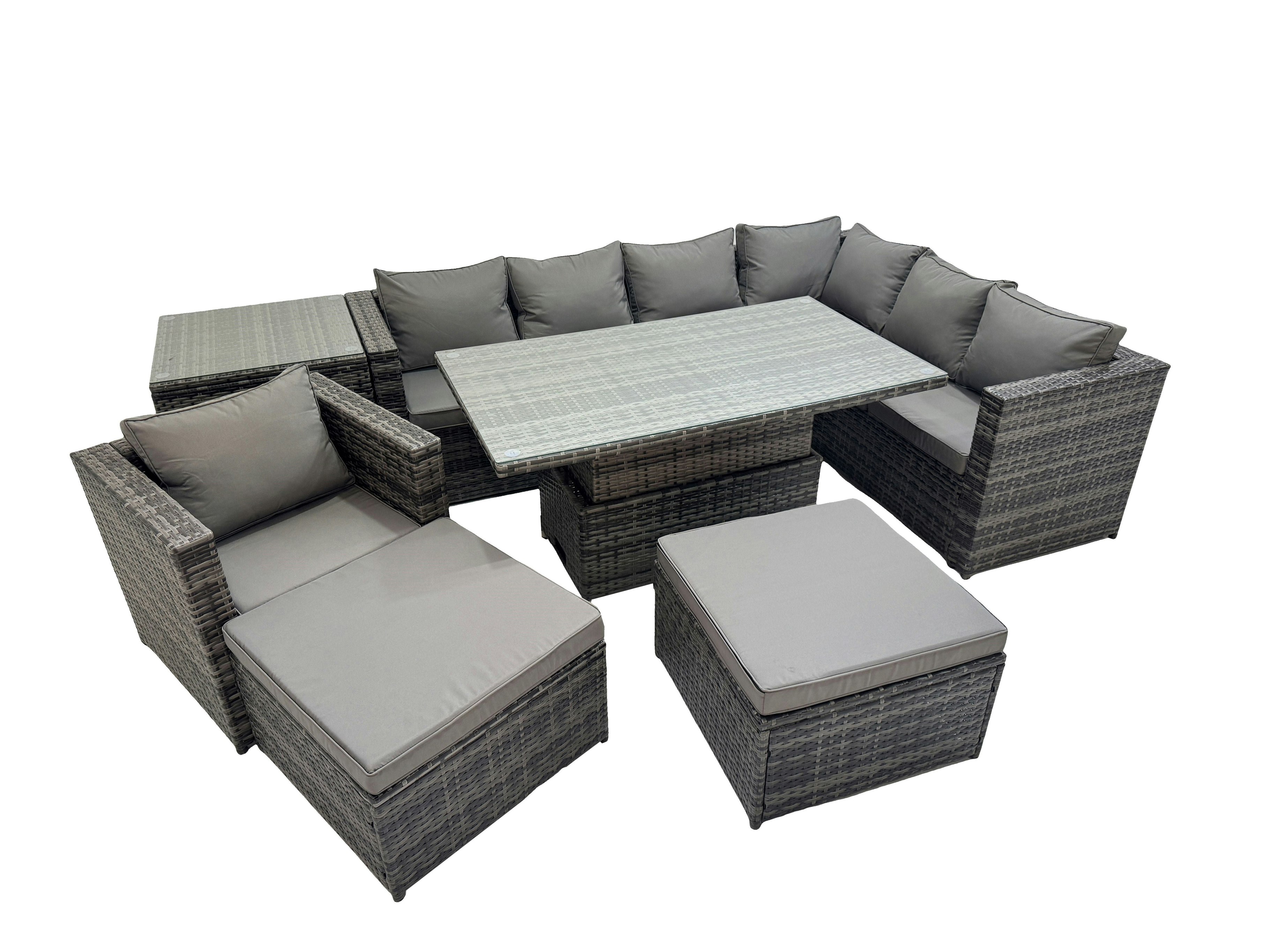 Rackhams Dark/Grey 9 Seater Rattan Height Adjustable Rising Lifting Table Corner Sofa Sets With Chair 2 Big Stools Side Table Mixed