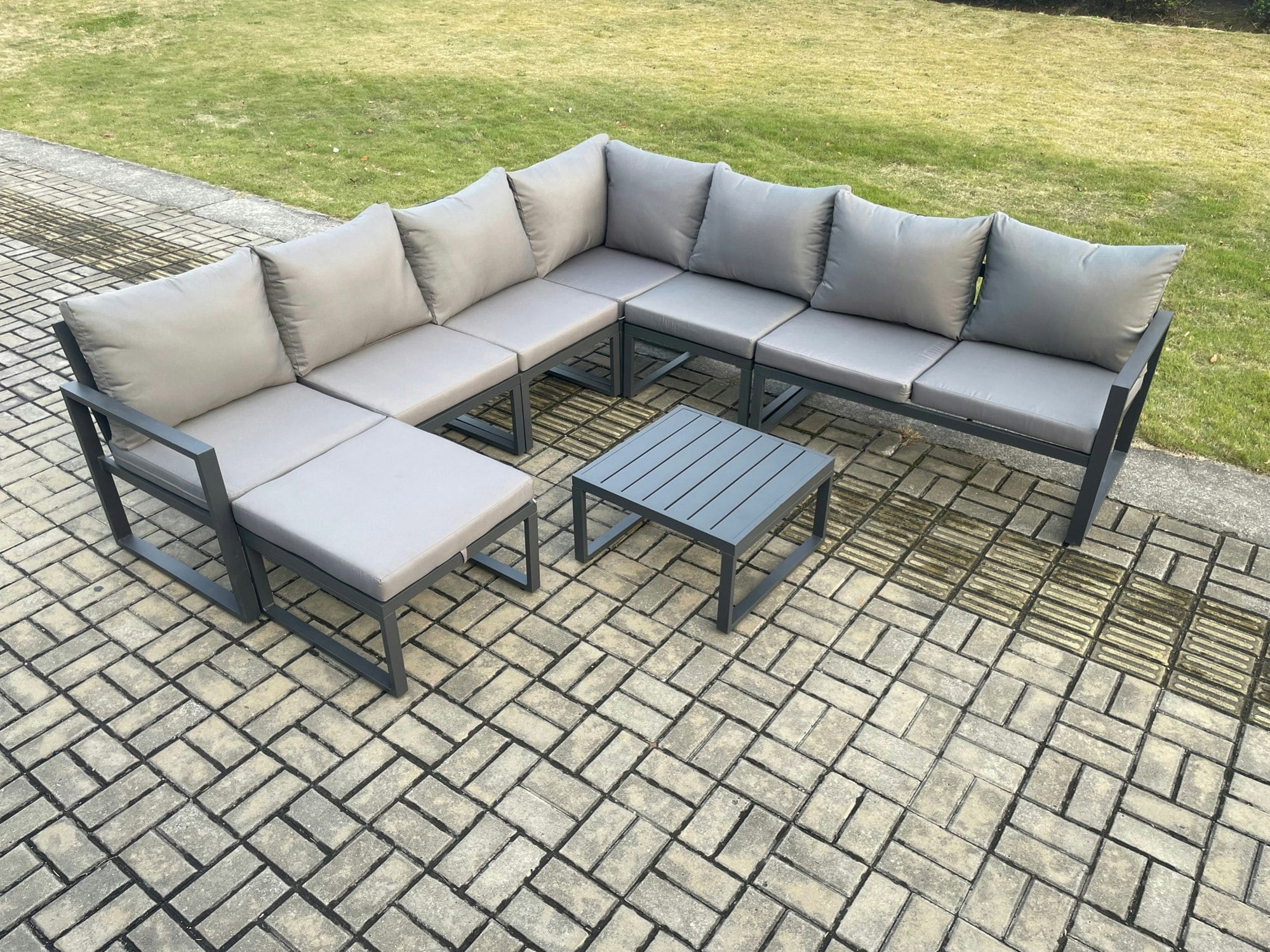 Rackhams Dark/Grey Outdoor Garden Furniture Patio Lounge Corner Sofa Aluminium Set With Square Coffee Table Big Footstool