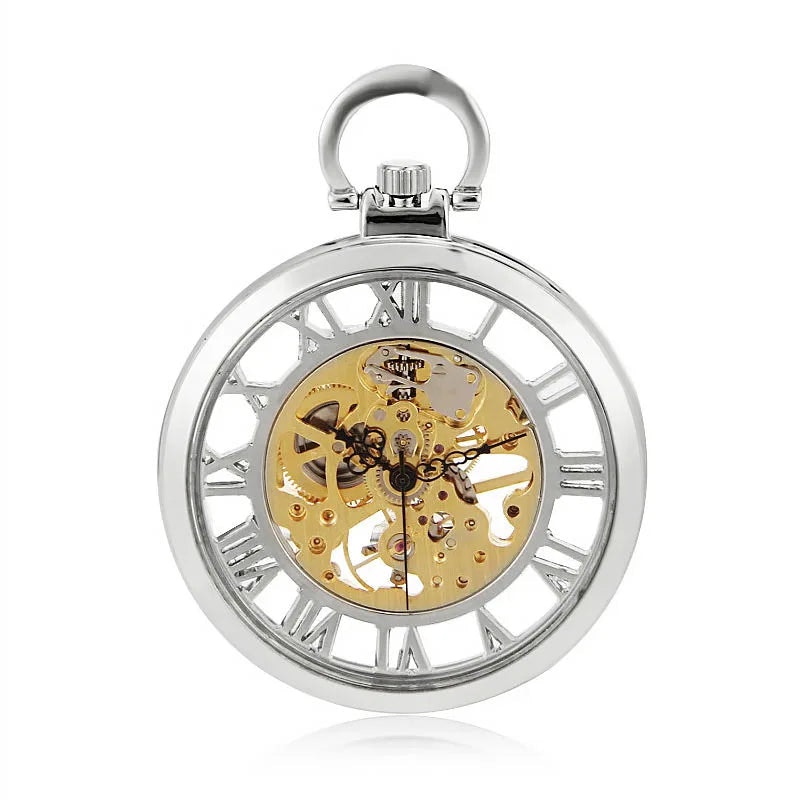 Truclothing Silver Mechanical Skeleton Open Face Pocket Watch