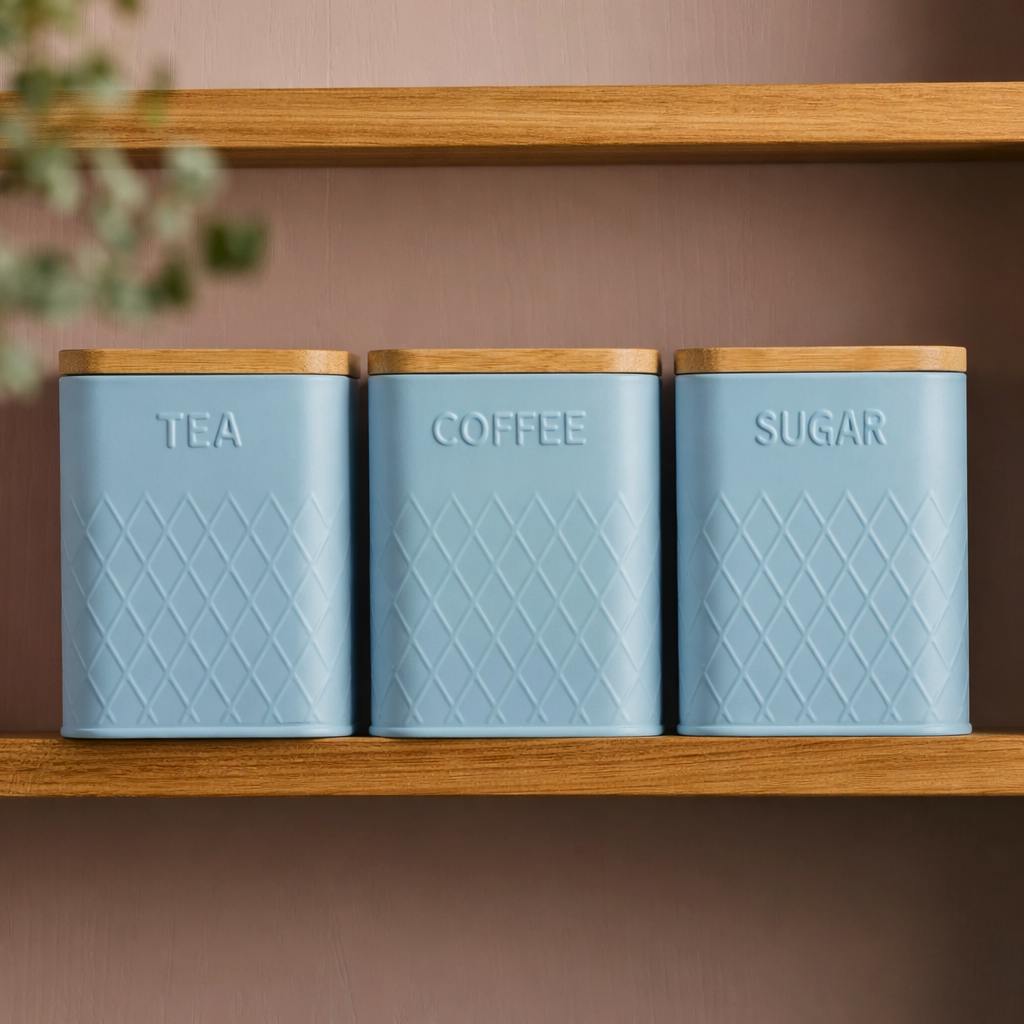 Cooks Professional 3 Piece Embossed Tea, Coffee & Sugar Cannister Set | Air-Tight Bamboo Lids, Diamond Pattern, Set of 3 Labelled Stainless Steel Storage Bins Containers | Blue - Image 4