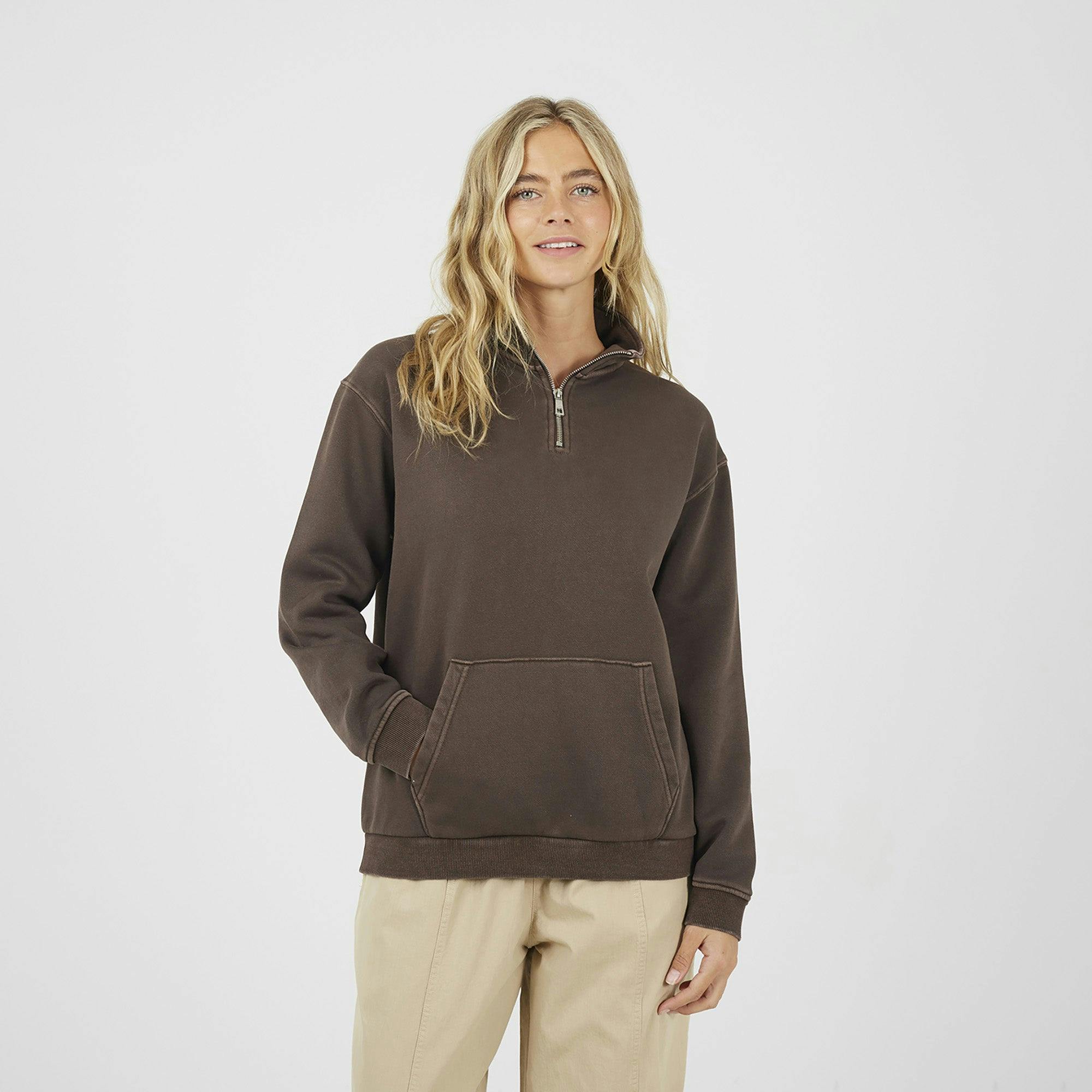 Brave Soul Brown Quarter Zip Funnel Neck Sweatshirt - M