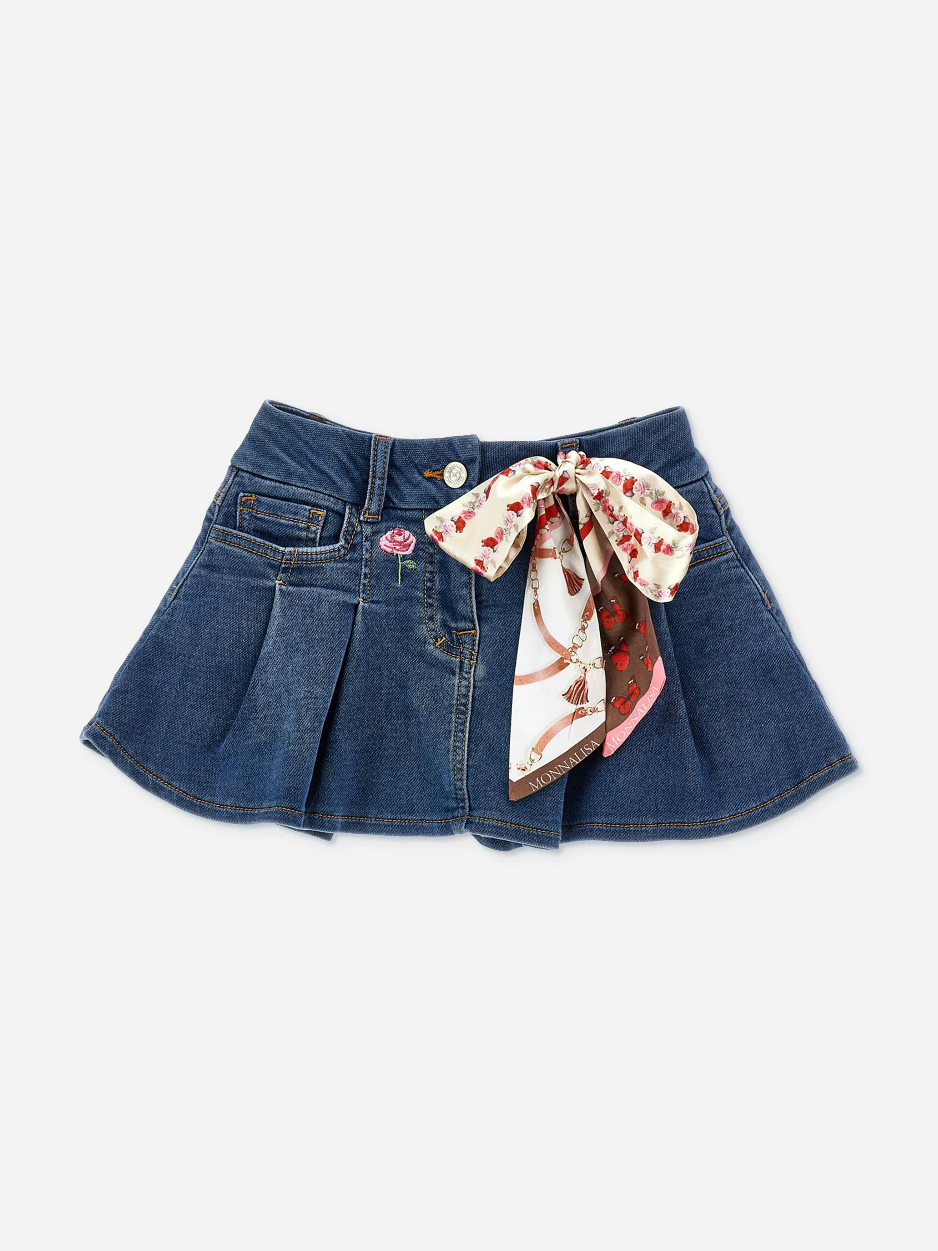 Monnalisa Girls Blue Denim Skirt With Equestrian Bow In - Multicoloured - 4 Yrs