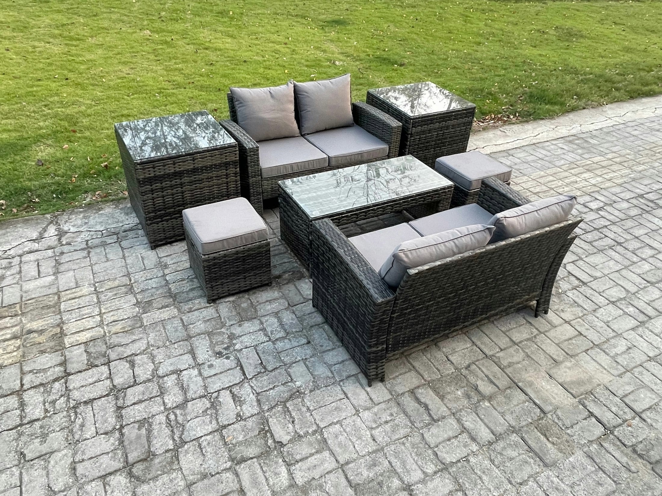 Fimous Dark/Grey High Back Rattan Garden Furniture Sofa Sets With Rectangular Coffee Table 2 Side Tables 2 Small Footstools Mixed
