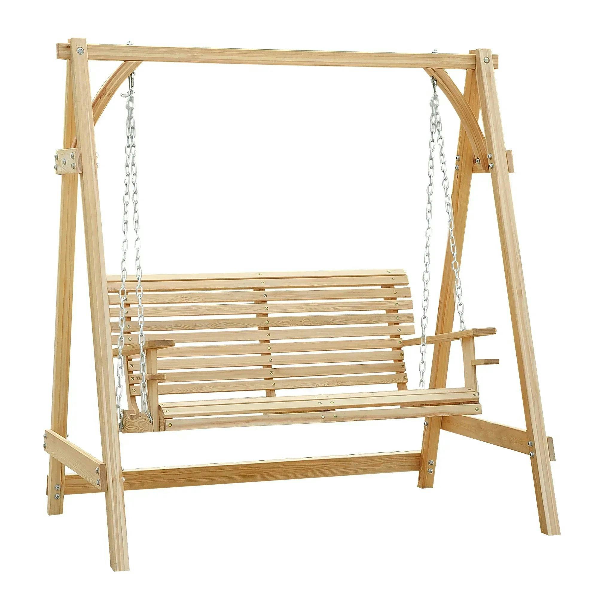 Rackhams 2 Seater Garden Swing Seat, Wooden Swing Chair Bench With Cup Holders For Outdoor Porch Patio, Natural