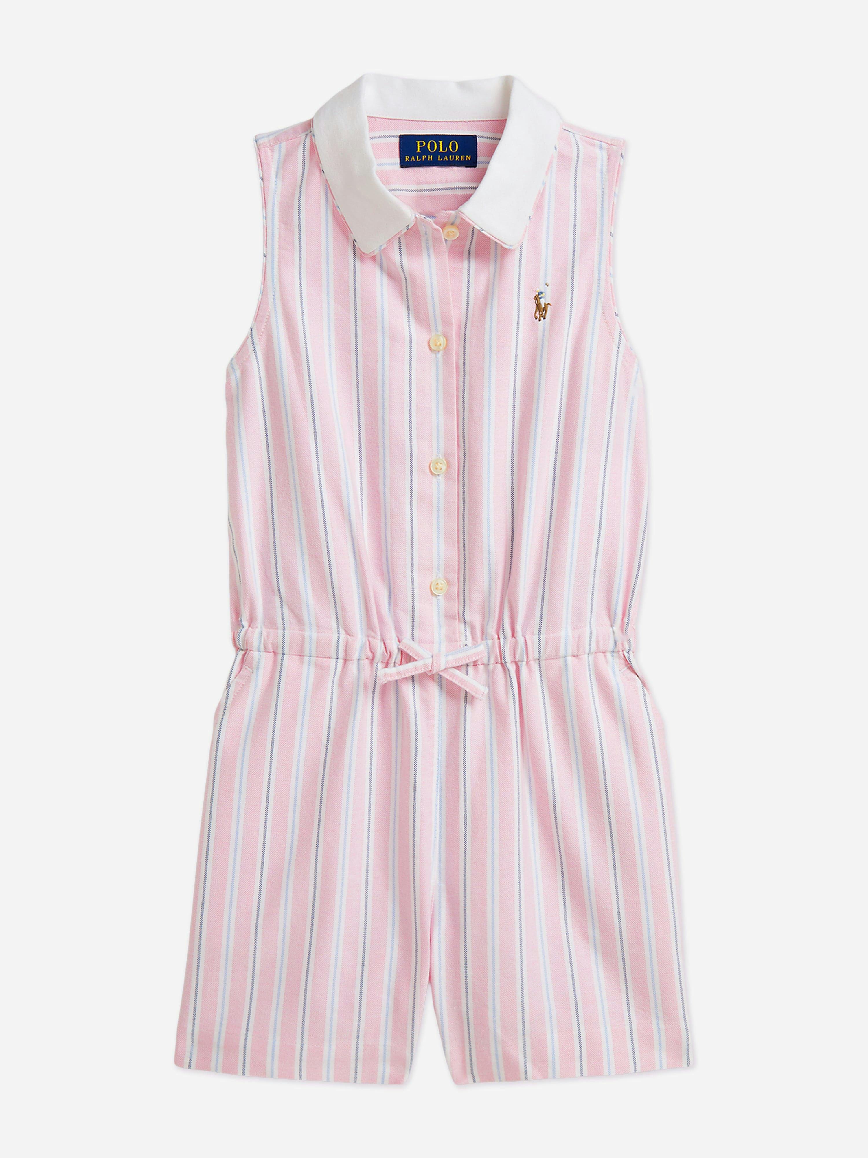 Ralph Lauren Kids Girls Pink Ralph Lauren Striped Classic Oxford Playsuit In - 6 Yrs