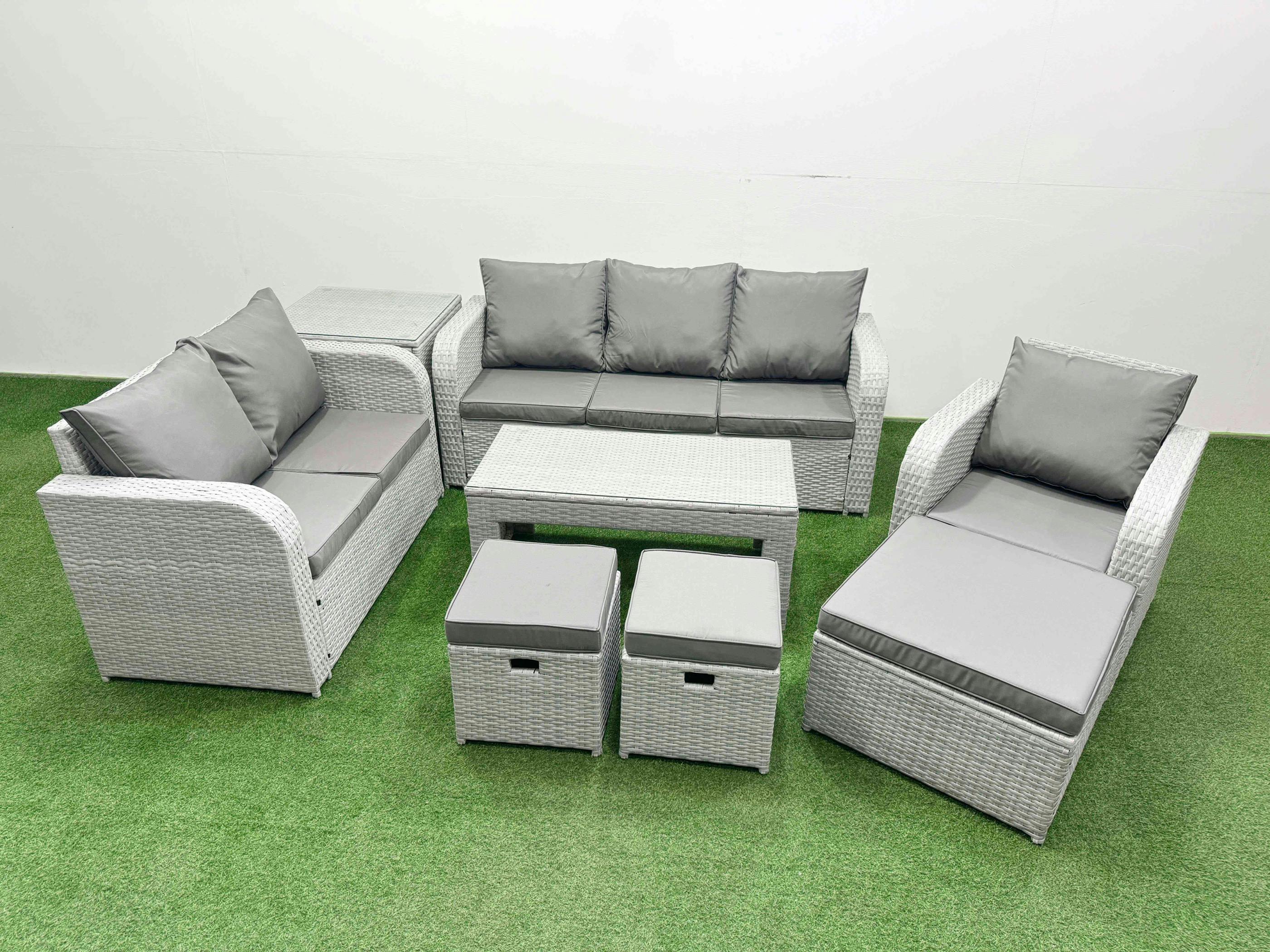 Rackhams Light/Grey 9 Seater Wicker Patio Set, Outdoor Rattan Furniture, Coffee Table, Reclining Chair, Loveseat, 3 Seater Sofa, Stool And Side Table,