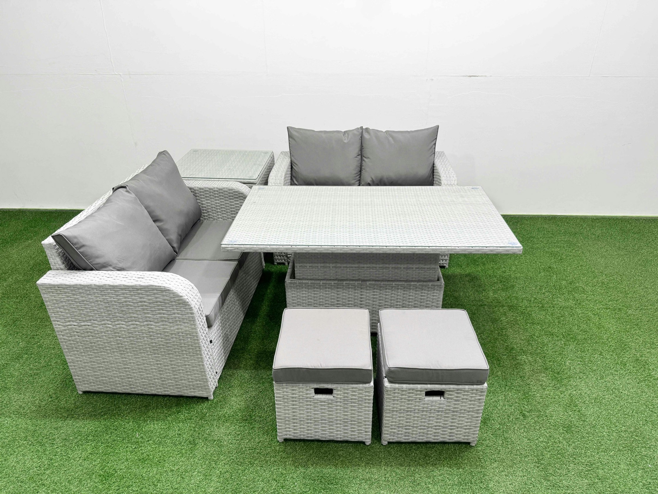 Rackhams Light/Grey 6 Seater Outdoor Love Sofa Set Rattan Garden Furniture Set With Adjustable Lifting Dining Or Coffee Table 2 Small Stools Side Table