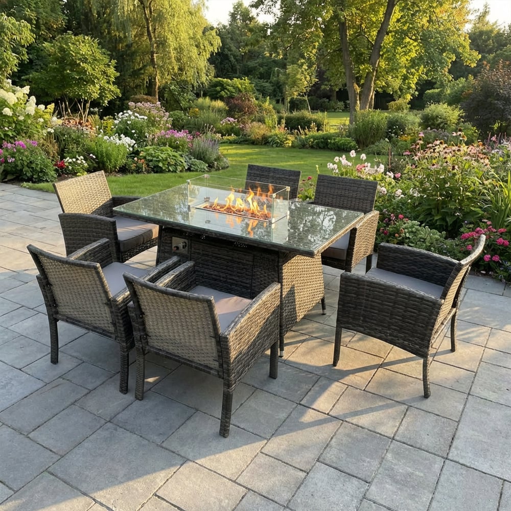 Fimous Dark/Grey 6 Seater Rattan Garden Furniture Set With Gas Fire Pit Table And 6 Dining Chairs - Mixed