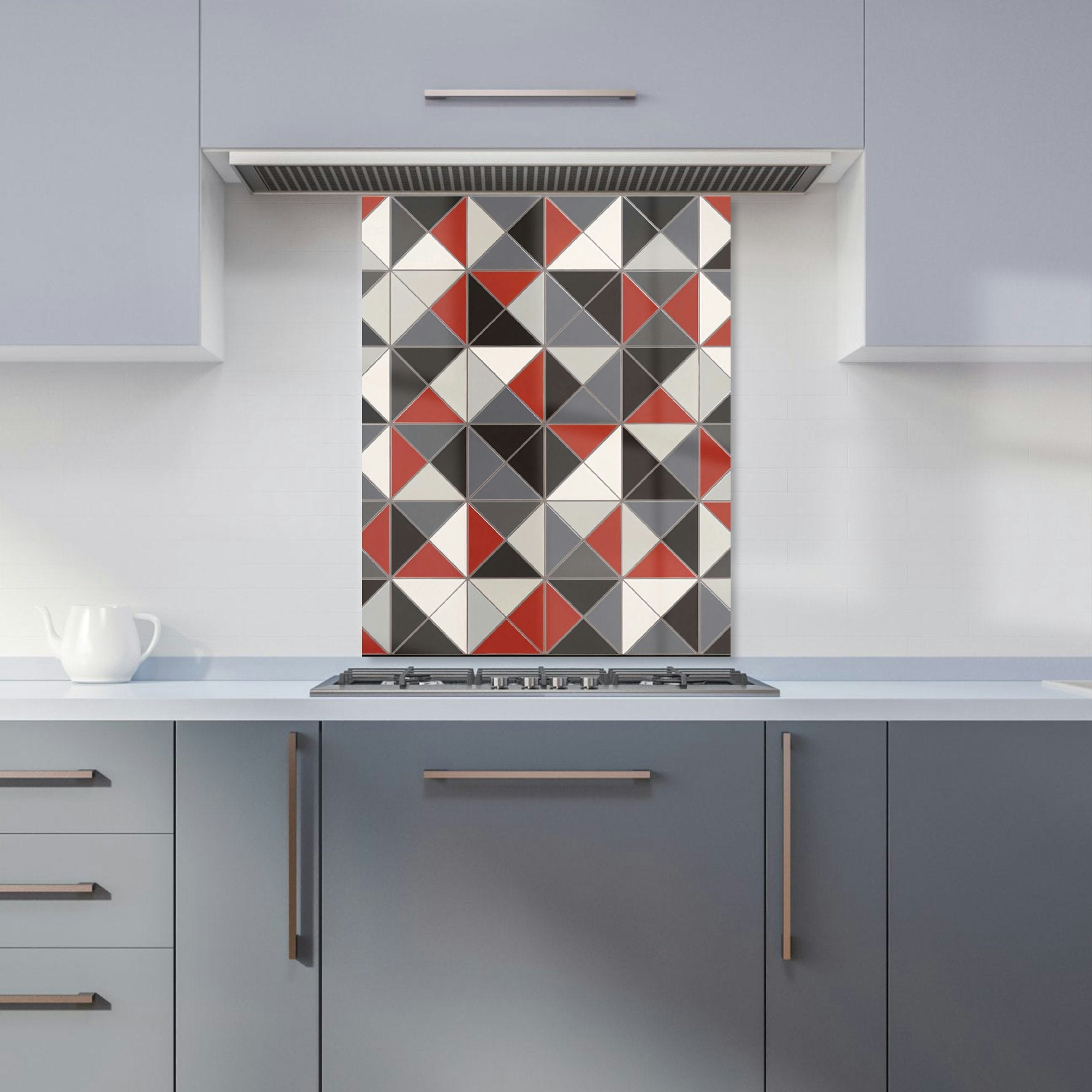 Rackhams Grey/Red - Designer Triangle Geometric Kitchen Splashback - W600mm X H750mm