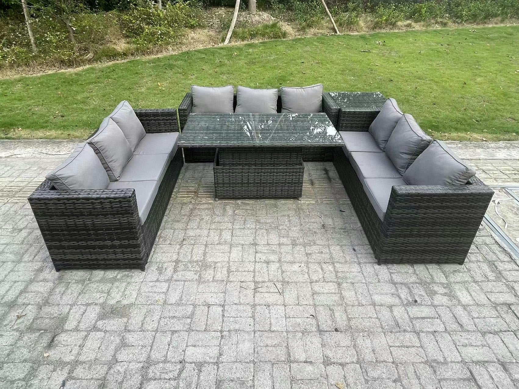 Fimous Dark/Grey 9 Seater Outdoor Rattan Garden Furniture Sofa Set Patio Adjustable Rising Lifting Dining Table Set With Side Table Mixed