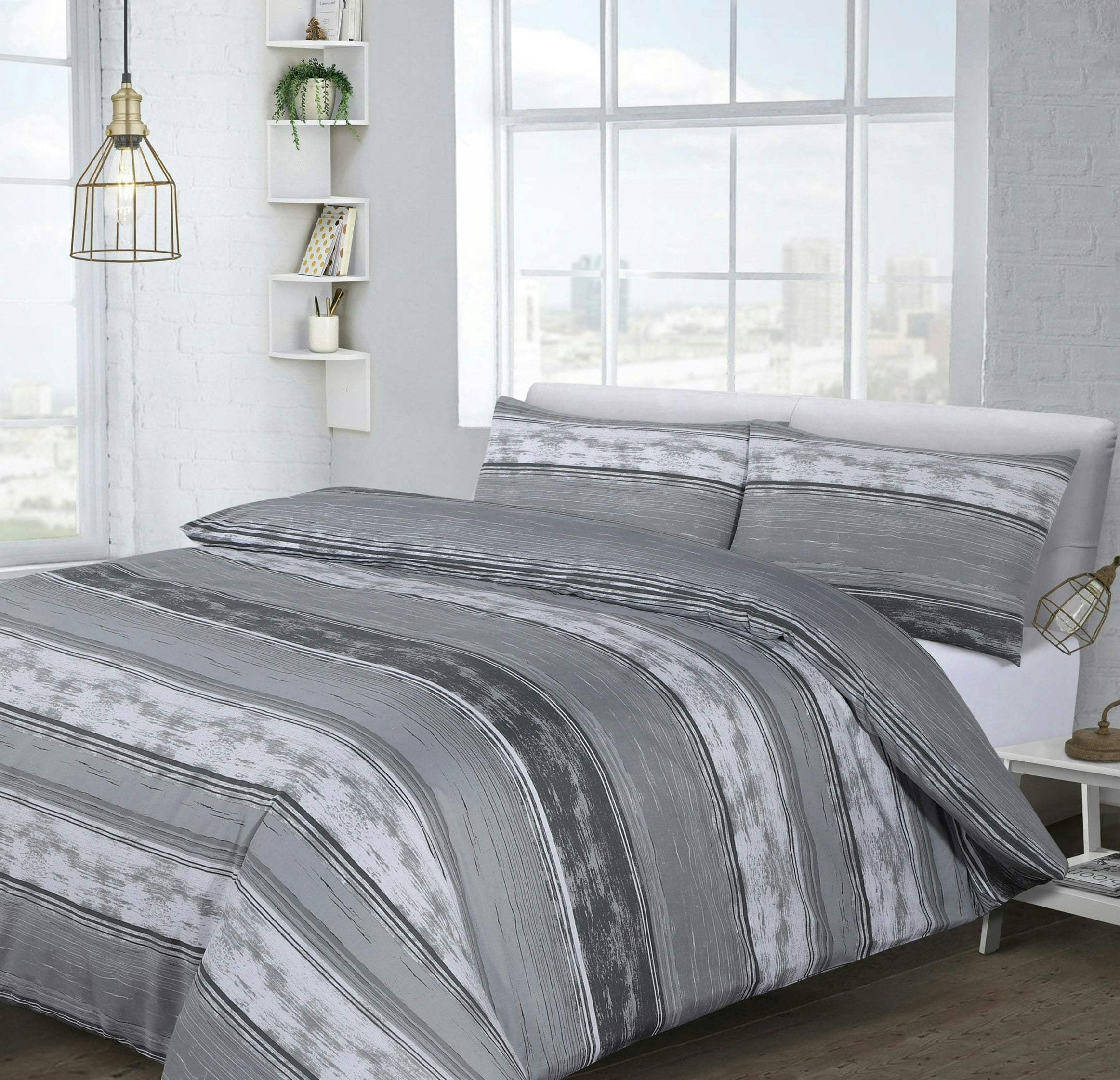 Velosso Grey Brooklyn Stripe Printed Cotton Blend Duvet Cover And Pillowcase Set - Single