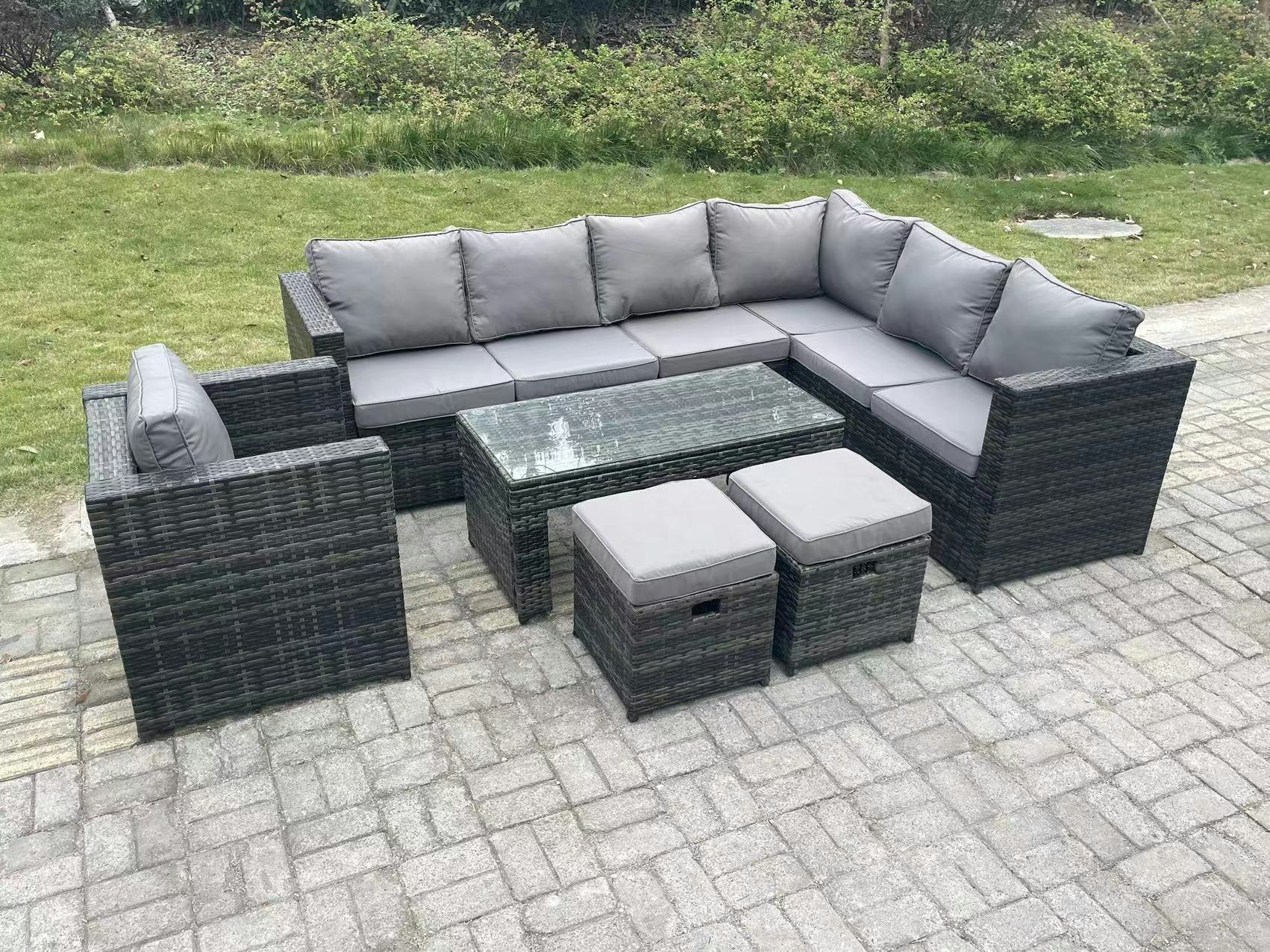 Rackhams Dark/Grey 9 Seater Rattan Corner Sofa Lounge Sofa Set With Rectangular Coffee Table 2 Stool Mixed Right Hand
