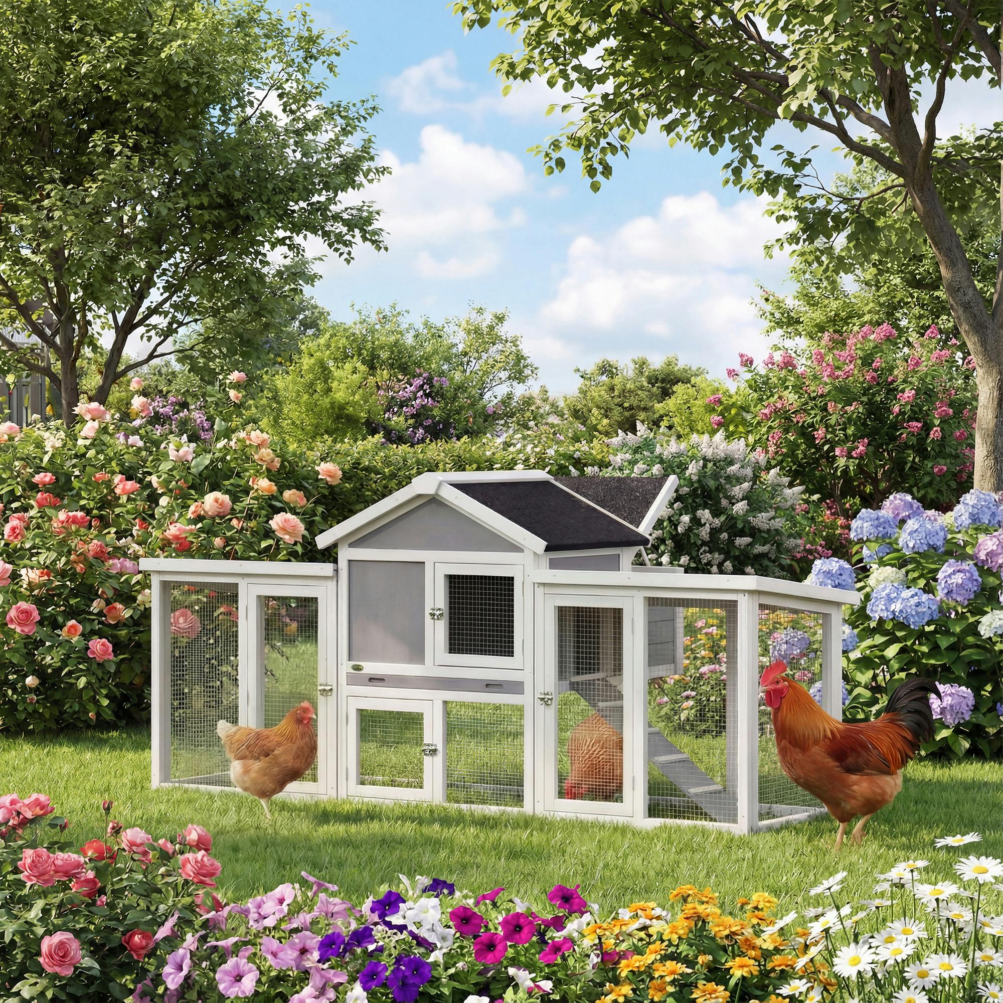 Pawhut Grey Wooden Chicken Coop Hen House With Nesting Box Run - Fir Wood, Wire Mesh - 1