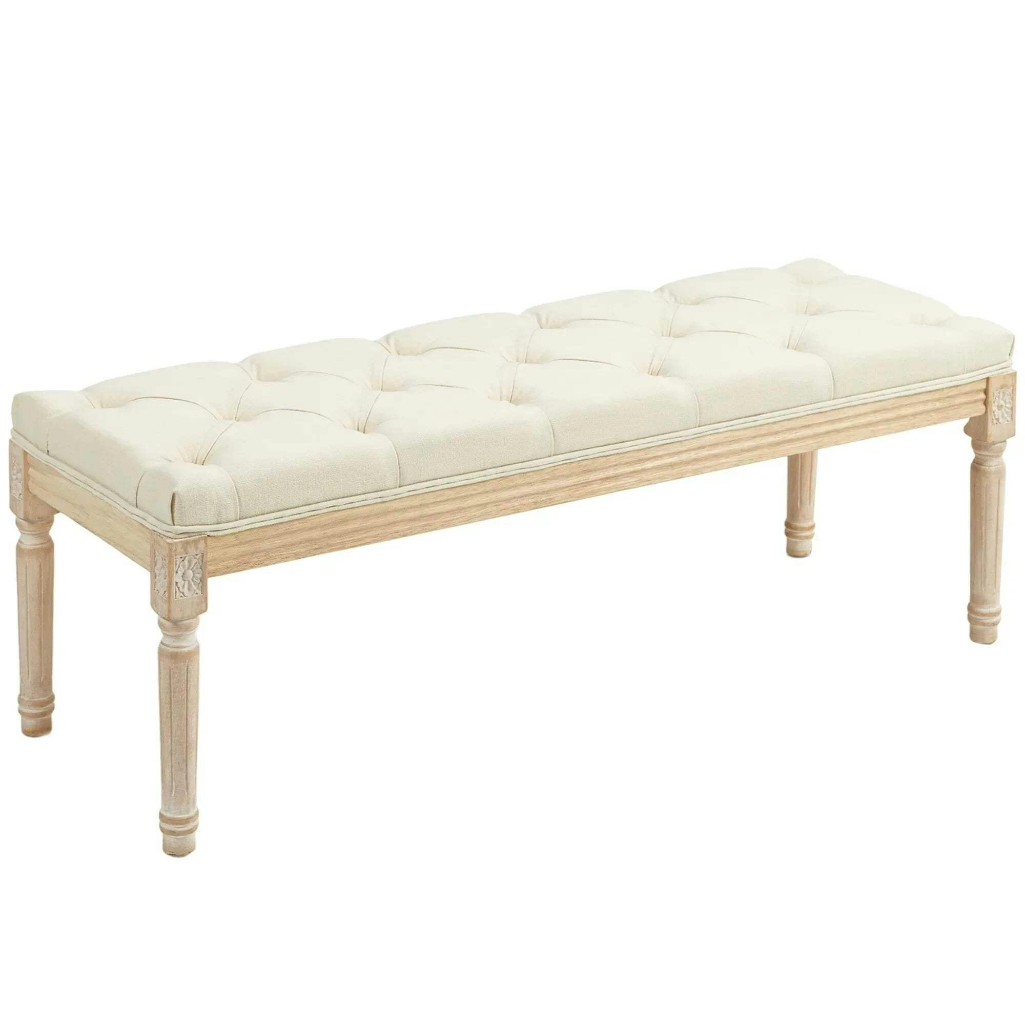 End of Bed Bench Upholstered Foot Stool Linen-Touch Ottoman Cream - Image 6