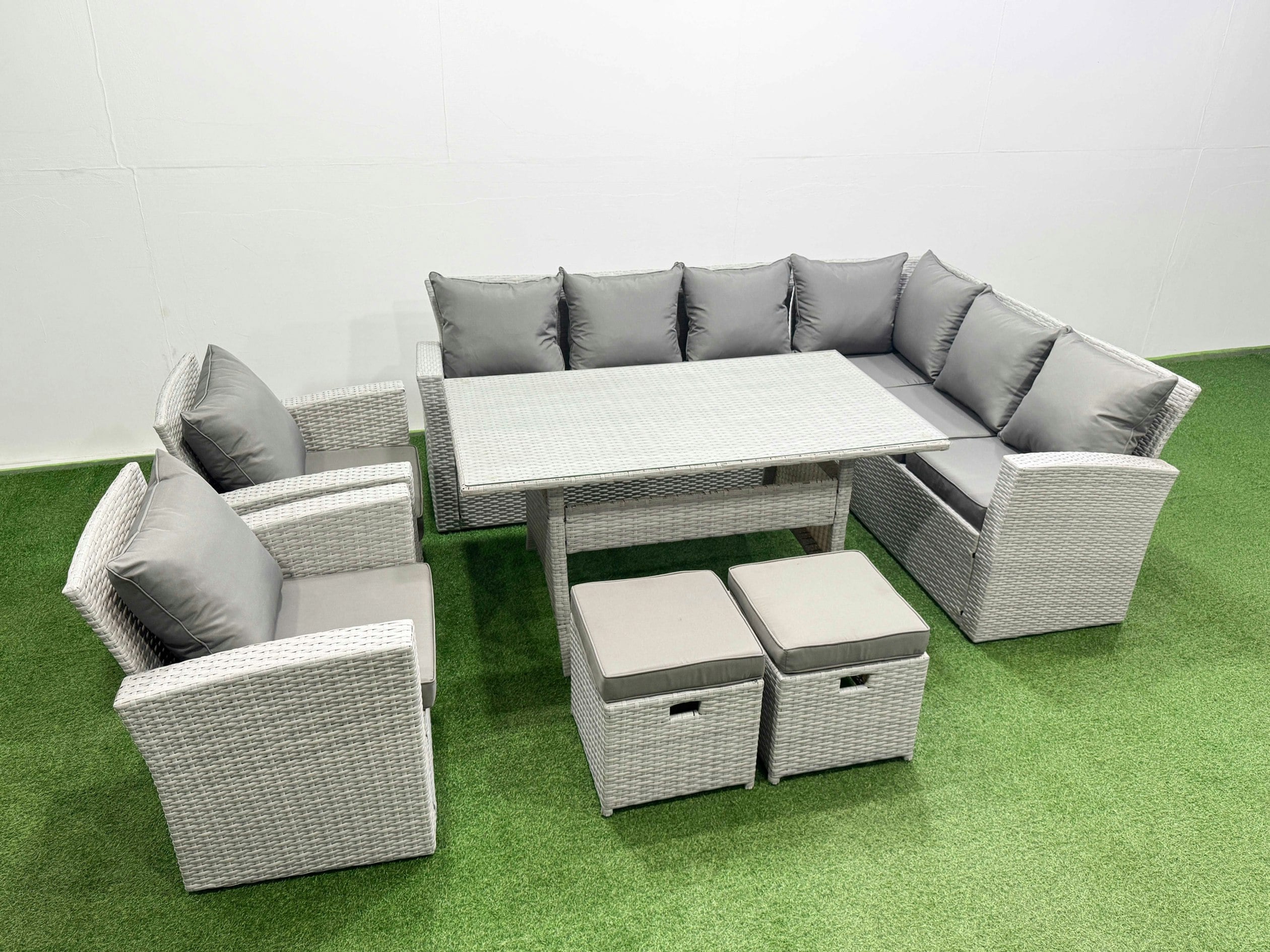Fimous Light/Grey Rattan Garden Furniture Set Outdoor 10 Seater Patio Dining Corner Sofa Sets With Dining Table Chair 2 Small Footstool Mixed