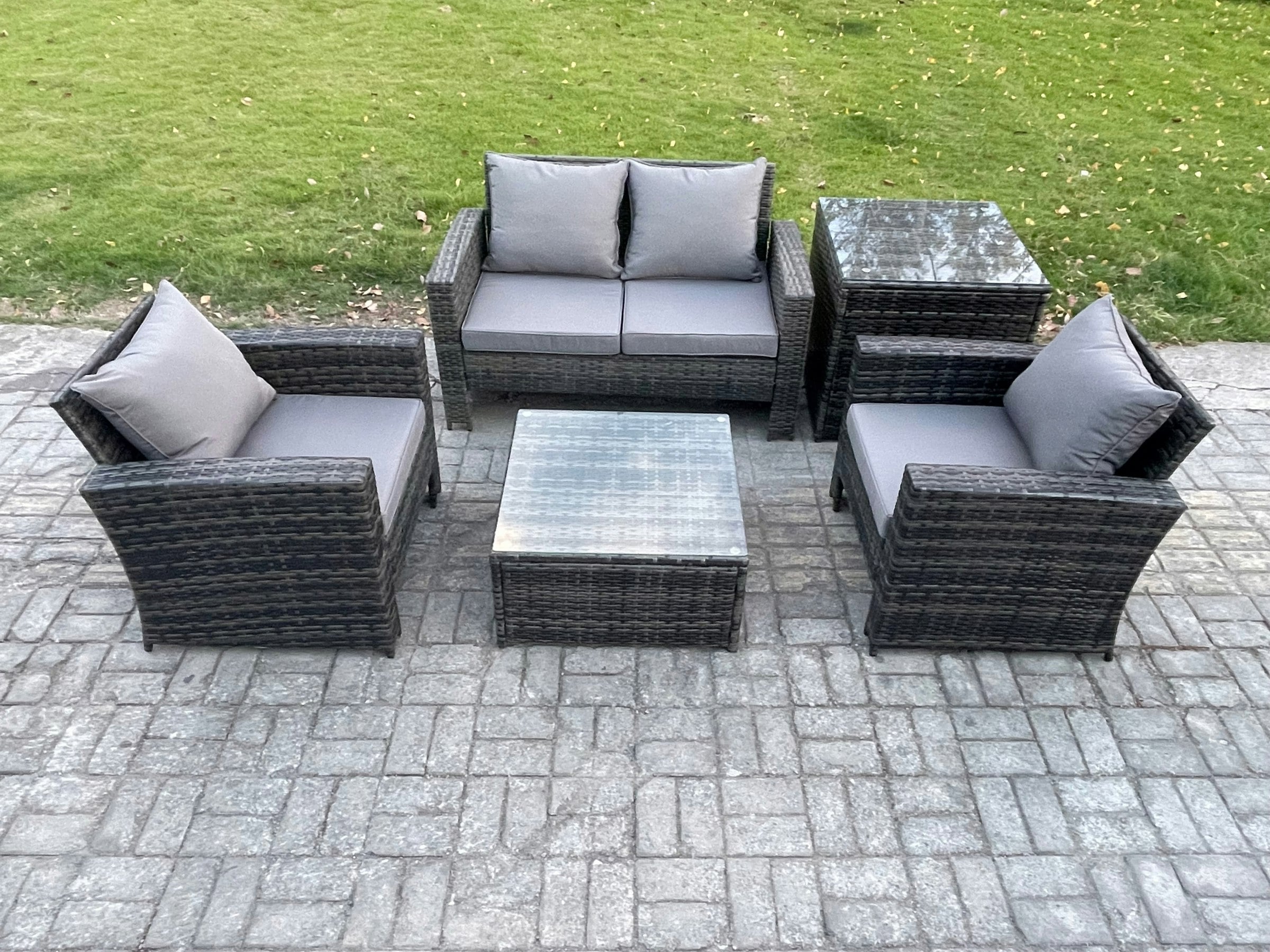 Fimous Dark/Grey Outdoor Lounge Sofa Set Wicker Pe Rattan Garden Furniture Set With Armchair Square Coffee Table Double Seat Sofa Side Table Mixed