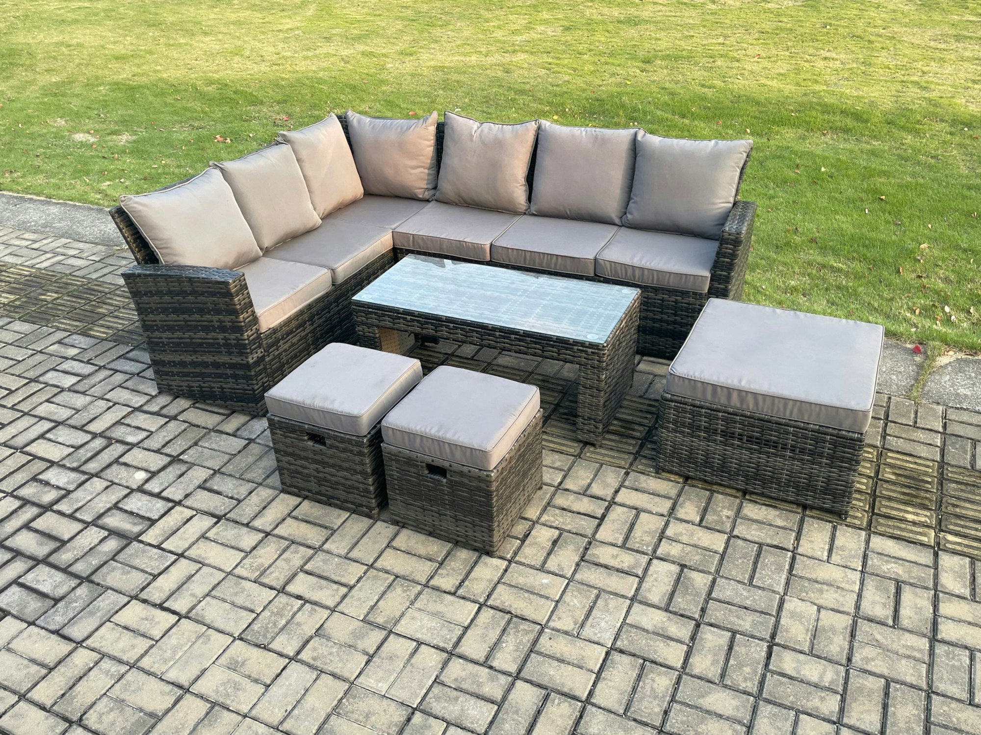 Fimous Dark/Grey 9 Seat Rattan Garden Furniture Corner Sofa Set Outdoor Patio Sofa Table Set With 3 Footstools Mixed