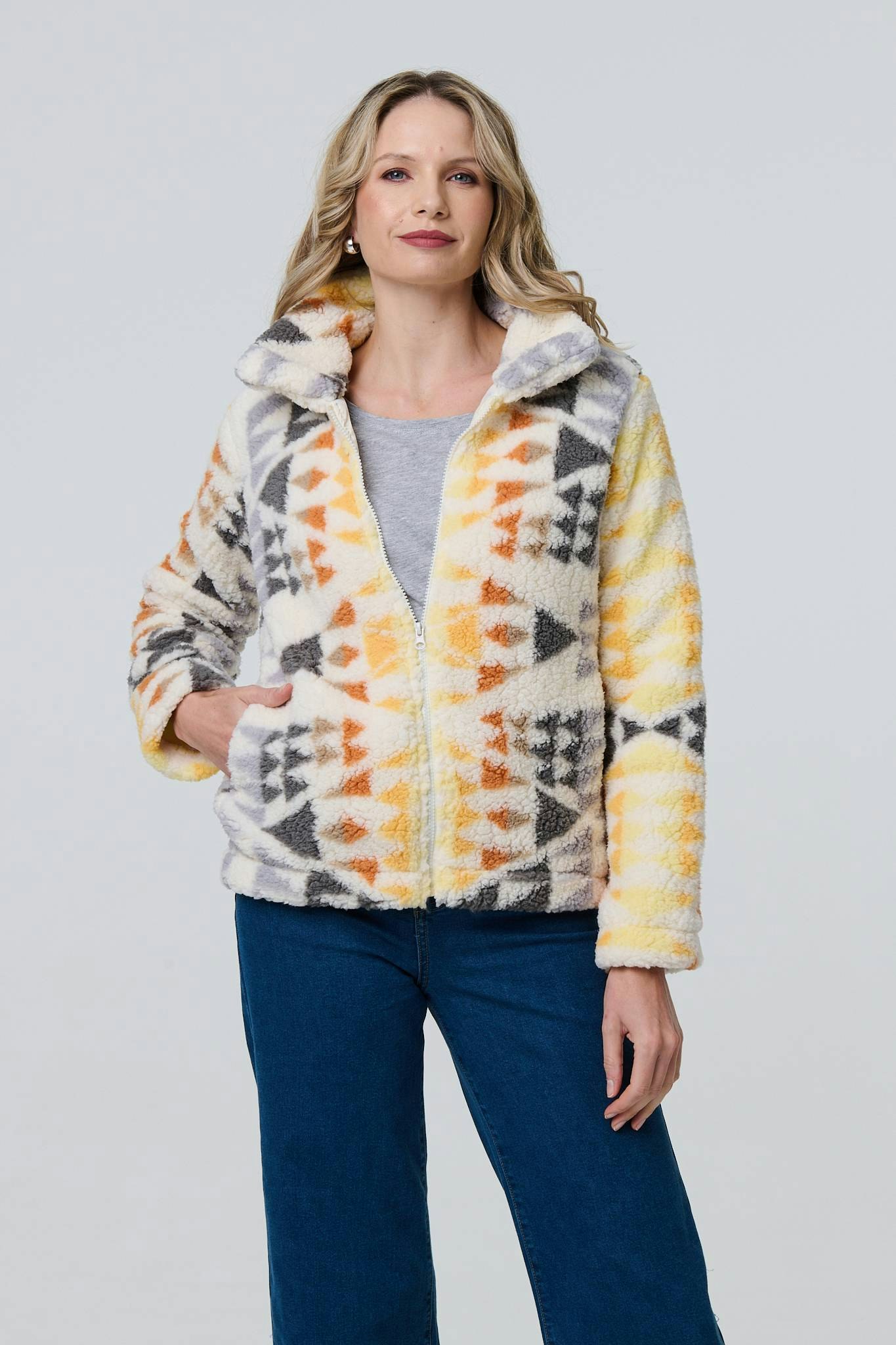 Izabel London Cream Aztec Print Relaxed Teddy Fur Jacket - 8