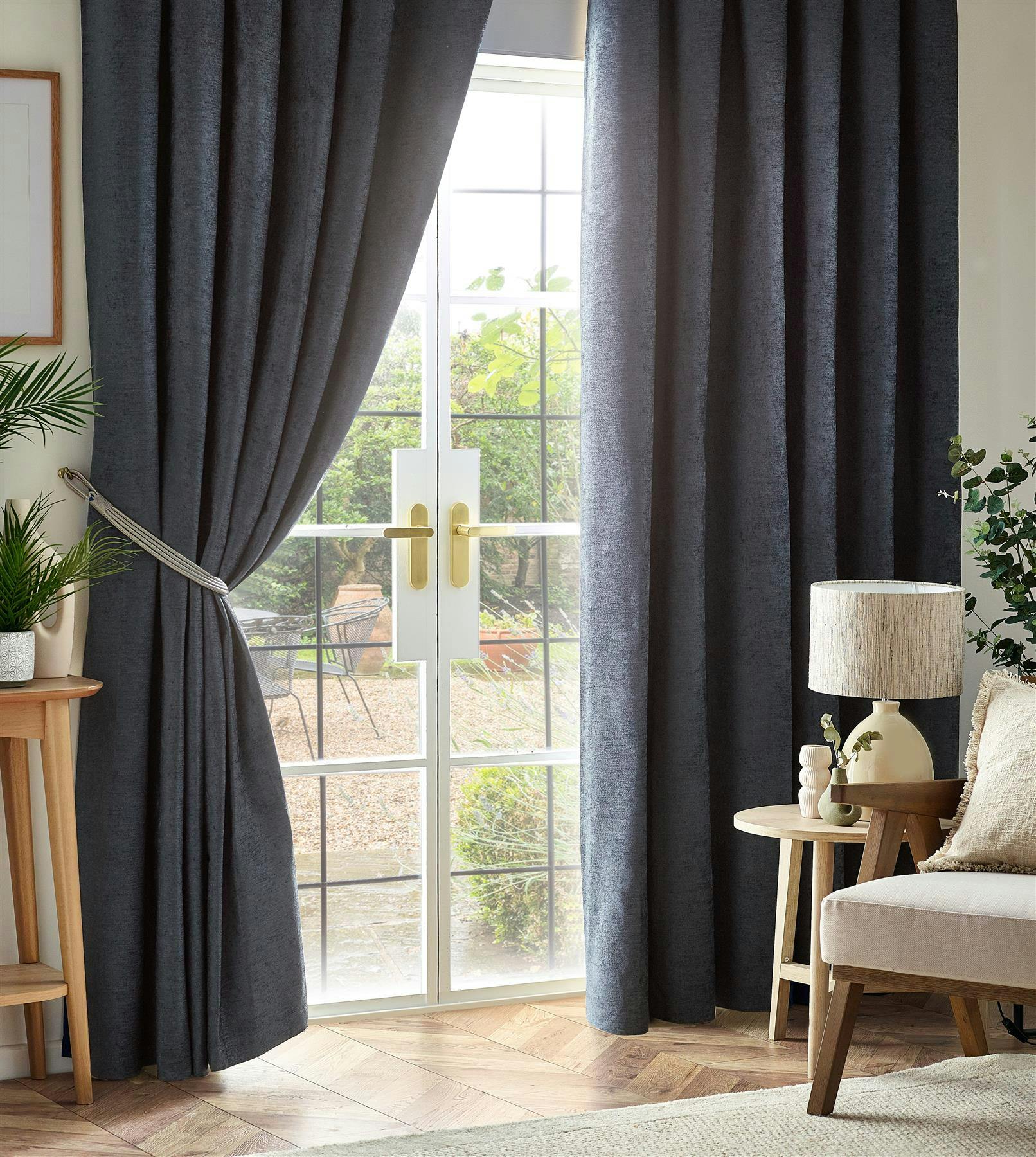 Rackhams Light/Black Chenille Blackout Pencil Pleat Top Curtains - Charcoal - 117Cm Width X 183Cm Drop