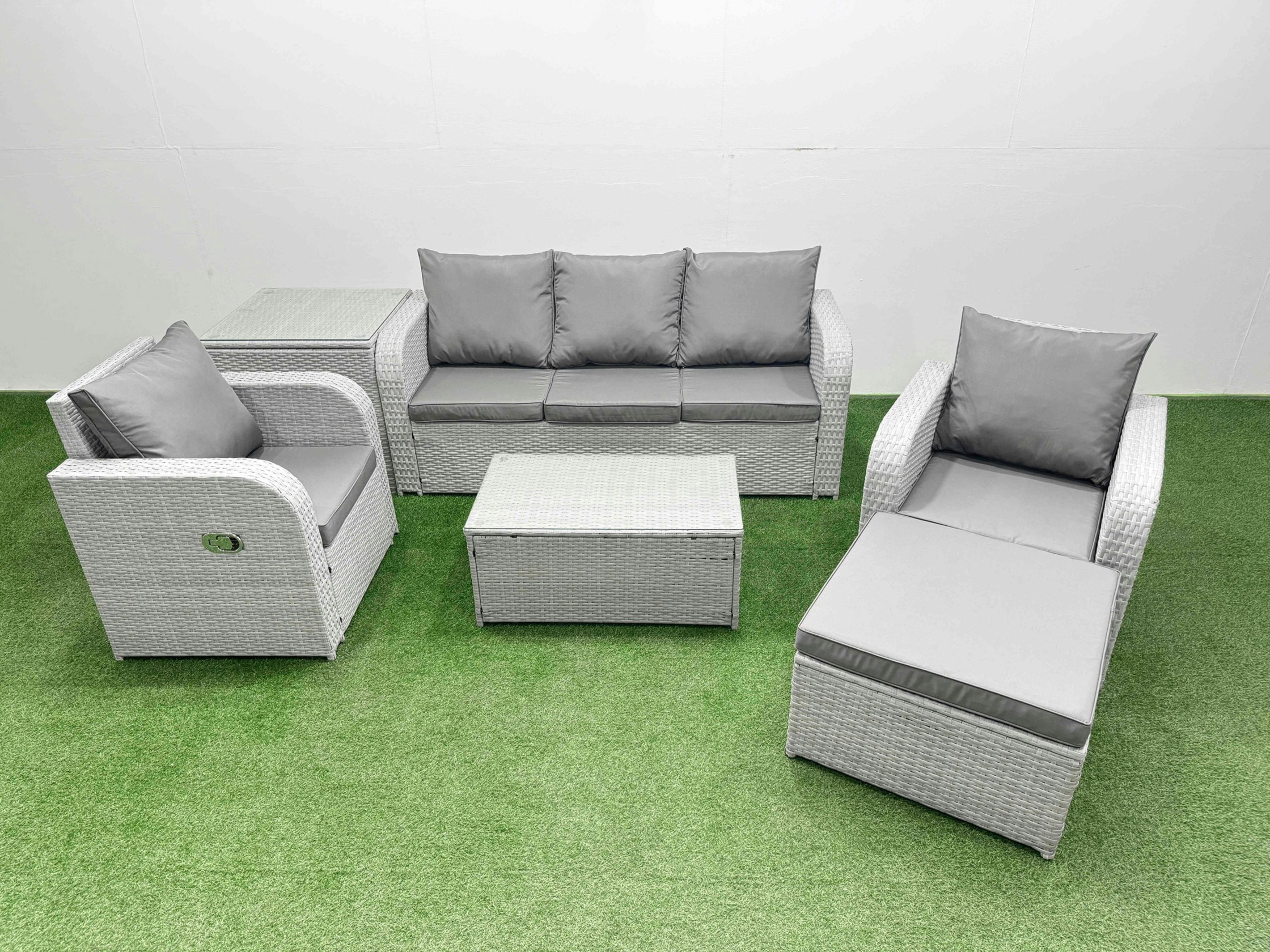Fimous Light/Grey Pe Rattan Garden Furniture Set Reclining Chair Sofa Lounge Sofa Set Oblong Coffee Table Side Table Big Footstool
