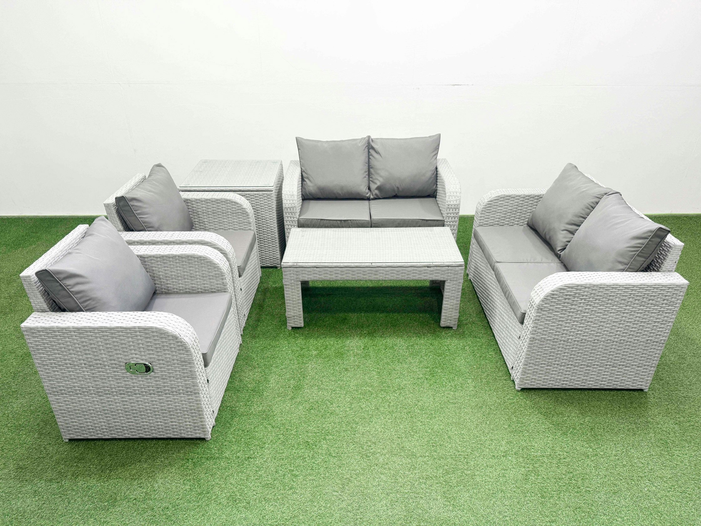 Fimous Light/Grey 6 Seater Outdoor Reclining Chair Love Sofa Set Rattan Garden Furniture Set With Oblong Coffee Table Side Table