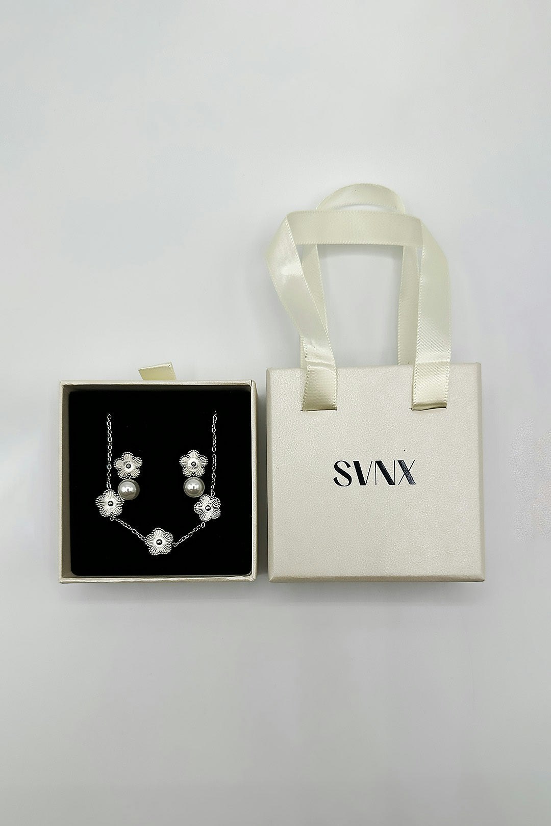 Svnx Silver Floral Pearl Stud Earrings & Bracelet In - One Size