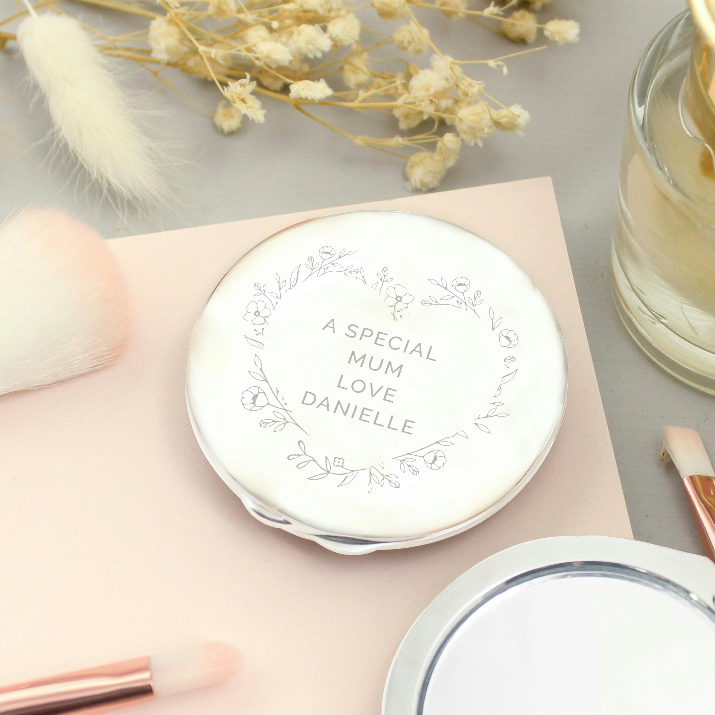 Personalised Memento Company Black Personalised Floral Heart Compact Mirror
